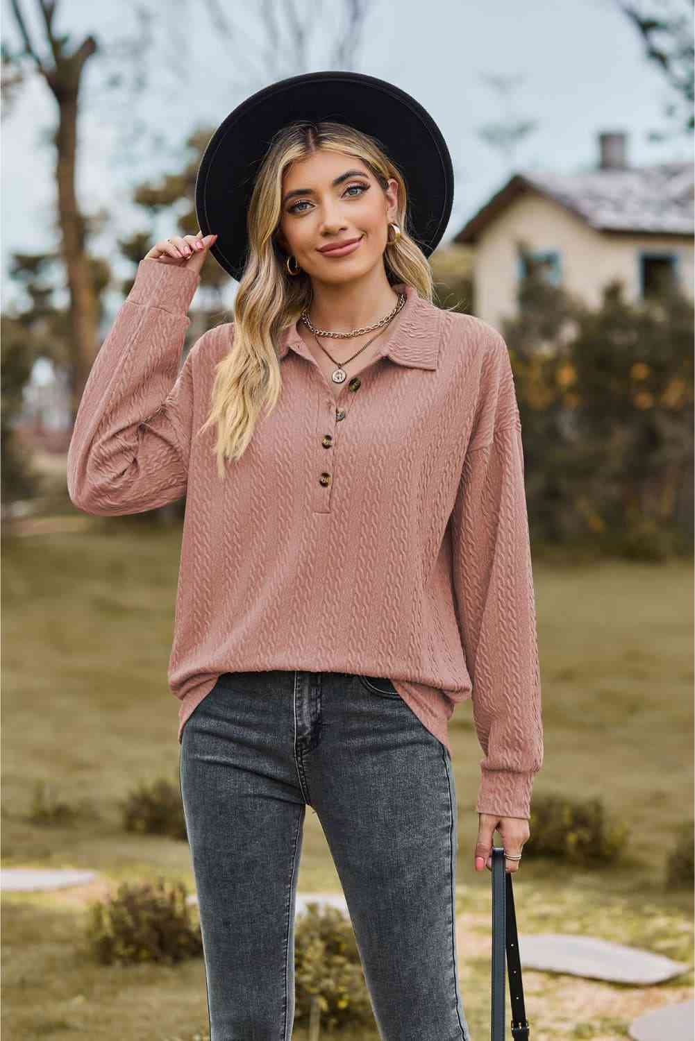 Collared Neck Long Sleeve Blouse - Loulou Boutique