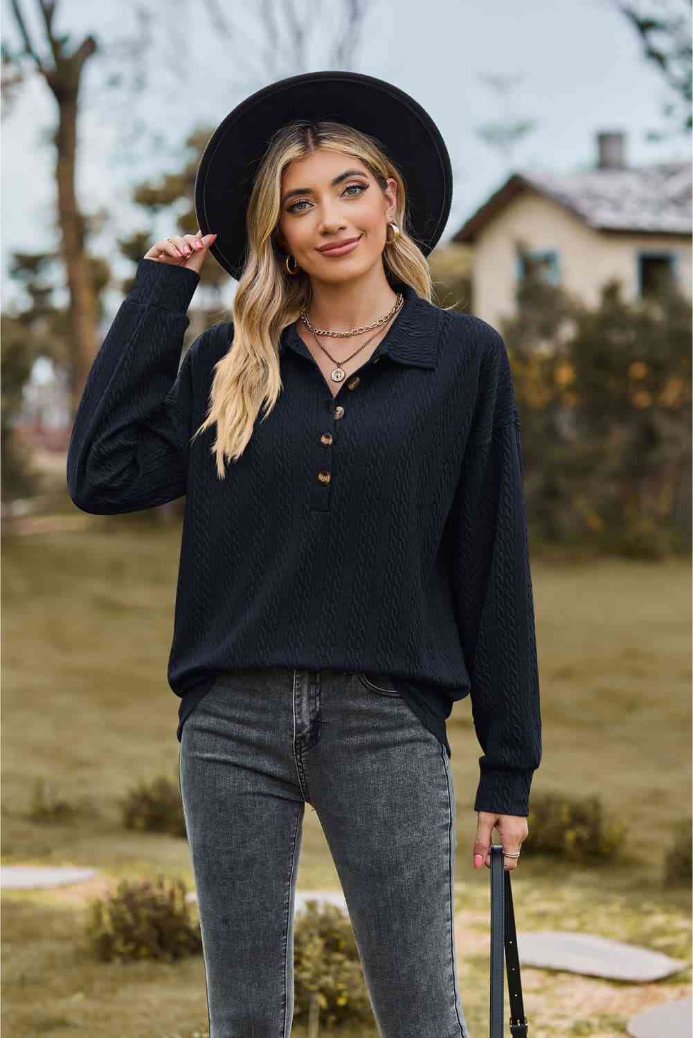 Collared Neck Long Sleeve Blouse - Loulou Boutique