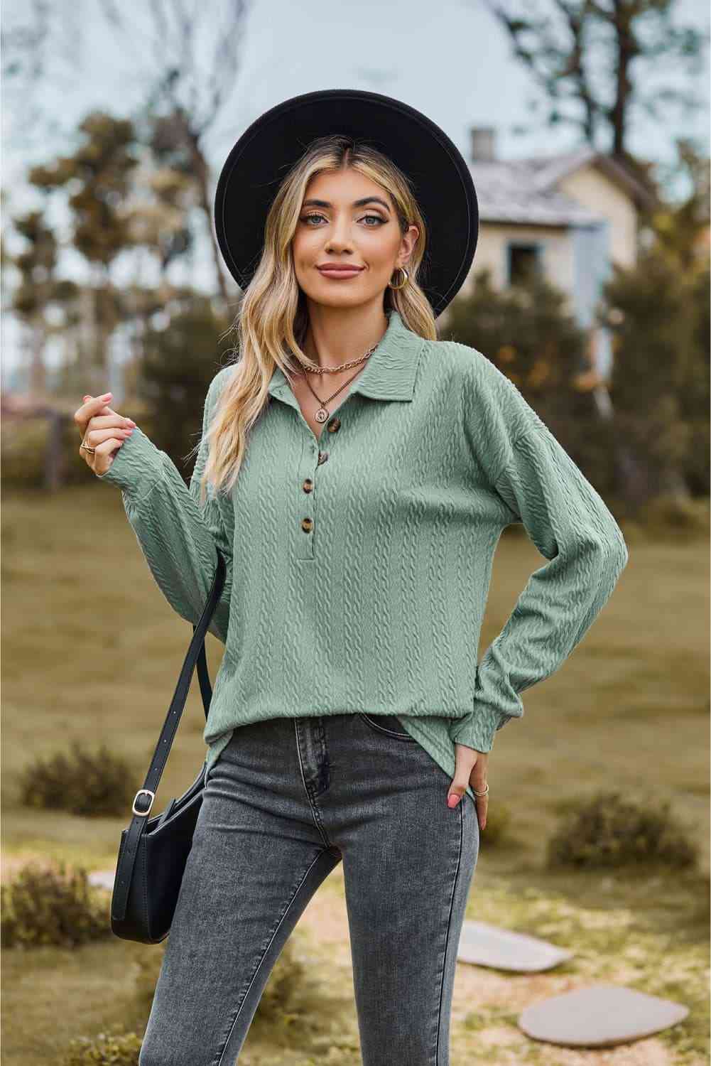 Collared Neck Long Sleeve Blouse - Loulou Boutique