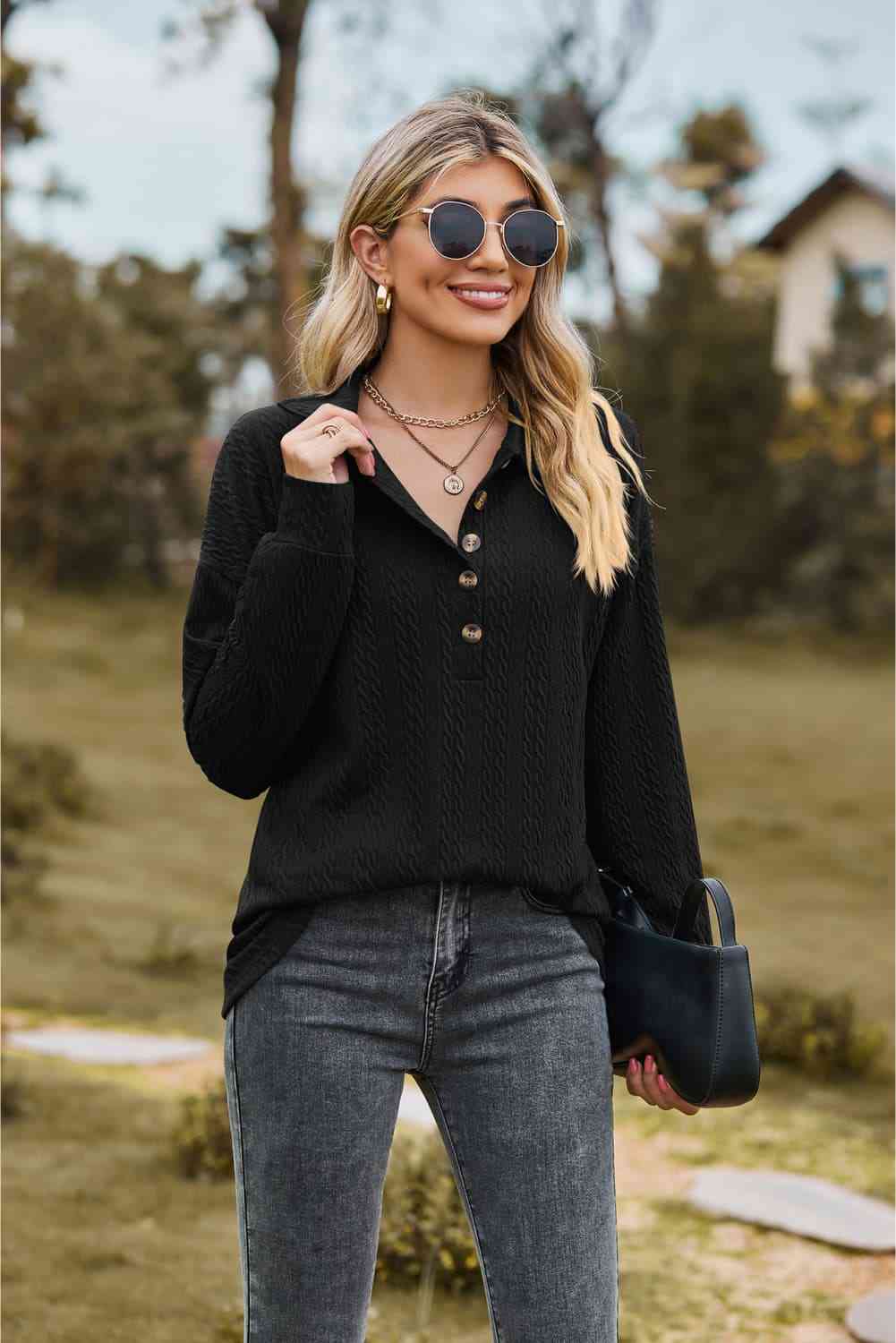 Collared Neck Long Sleeve Blouse - Loulou Boutique