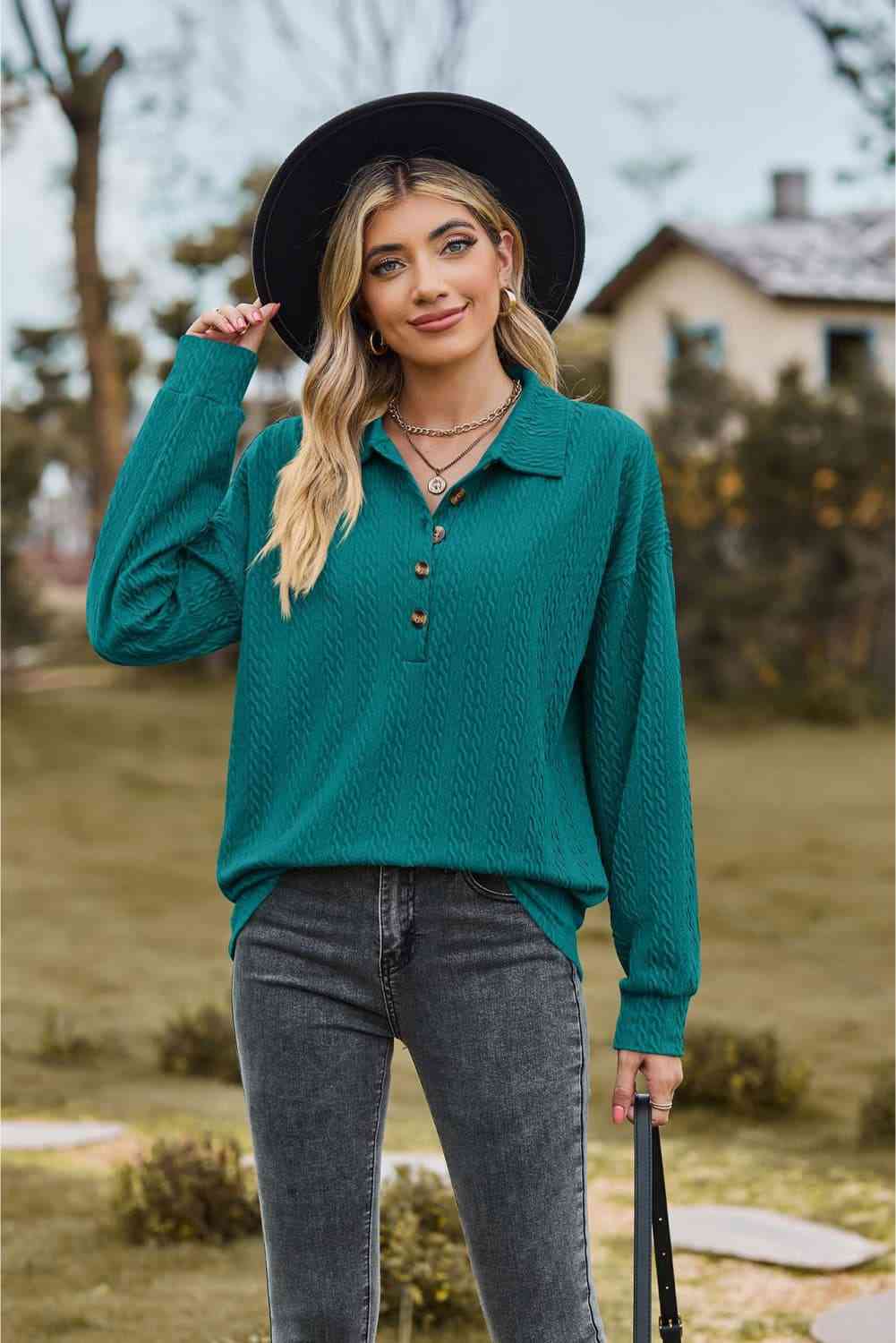 Collared Neck Long Sleeve Blouse - Loulou Boutique