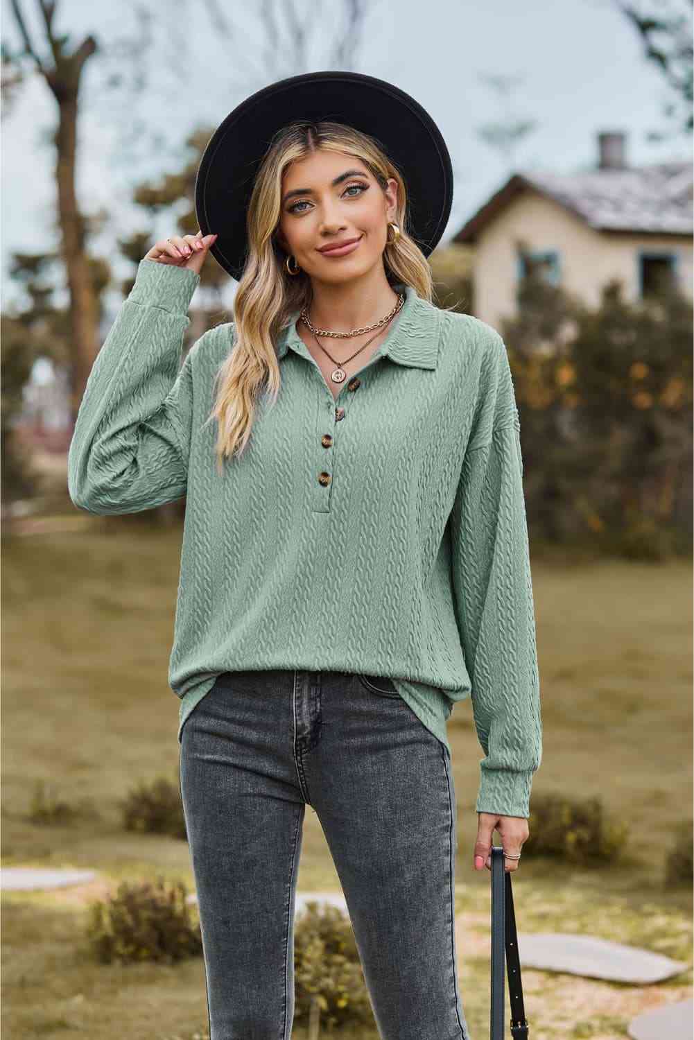 Collared Neck Long Sleeve Blouse - Loulou Boutique