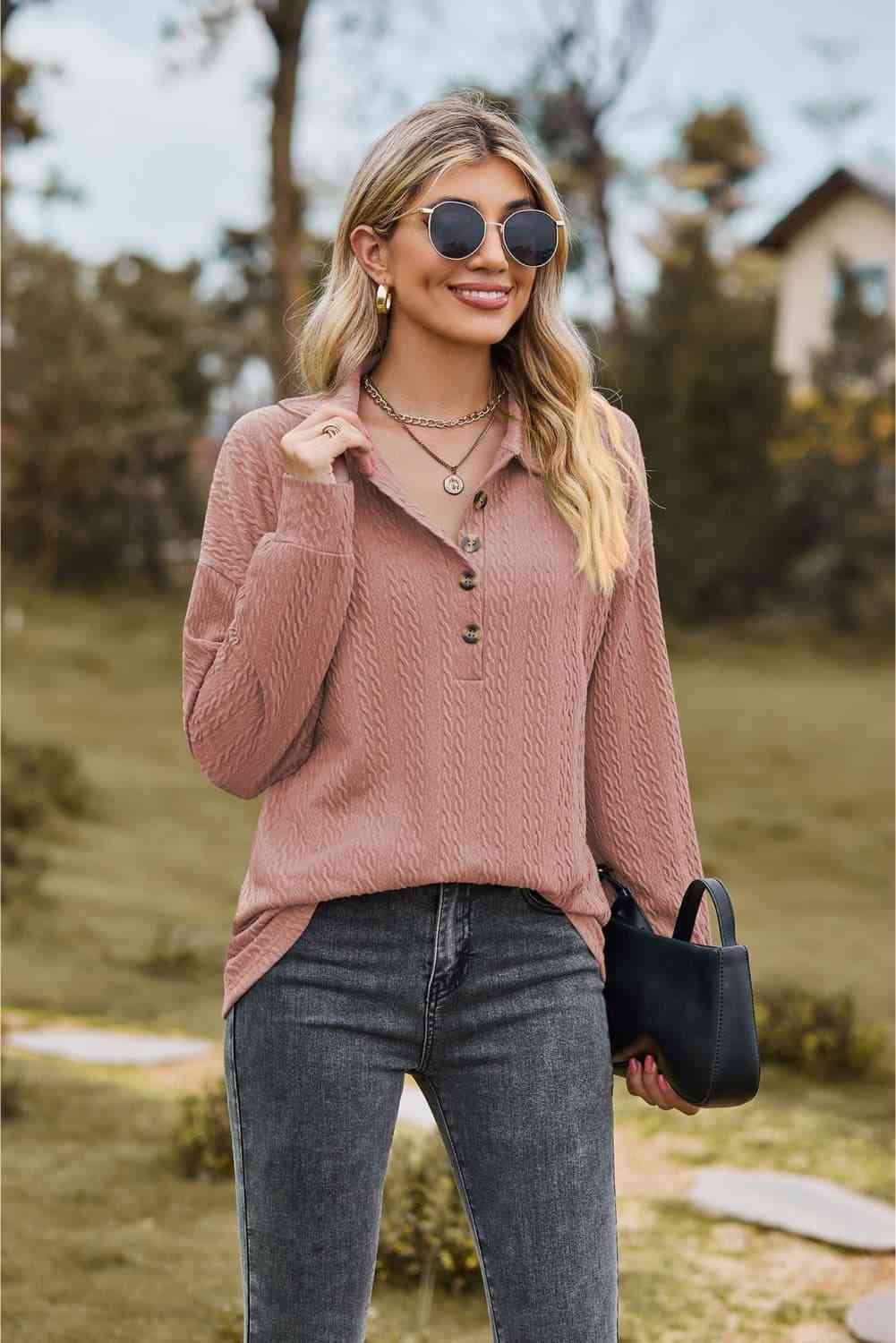 Collared Neck Long Sleeve Blouse - Loulou Boutique