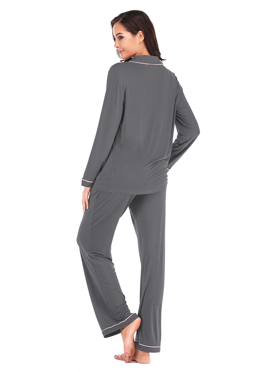 Collared Neck Long Sleeve Loungewear Set with Pockets - Loulou Boutique