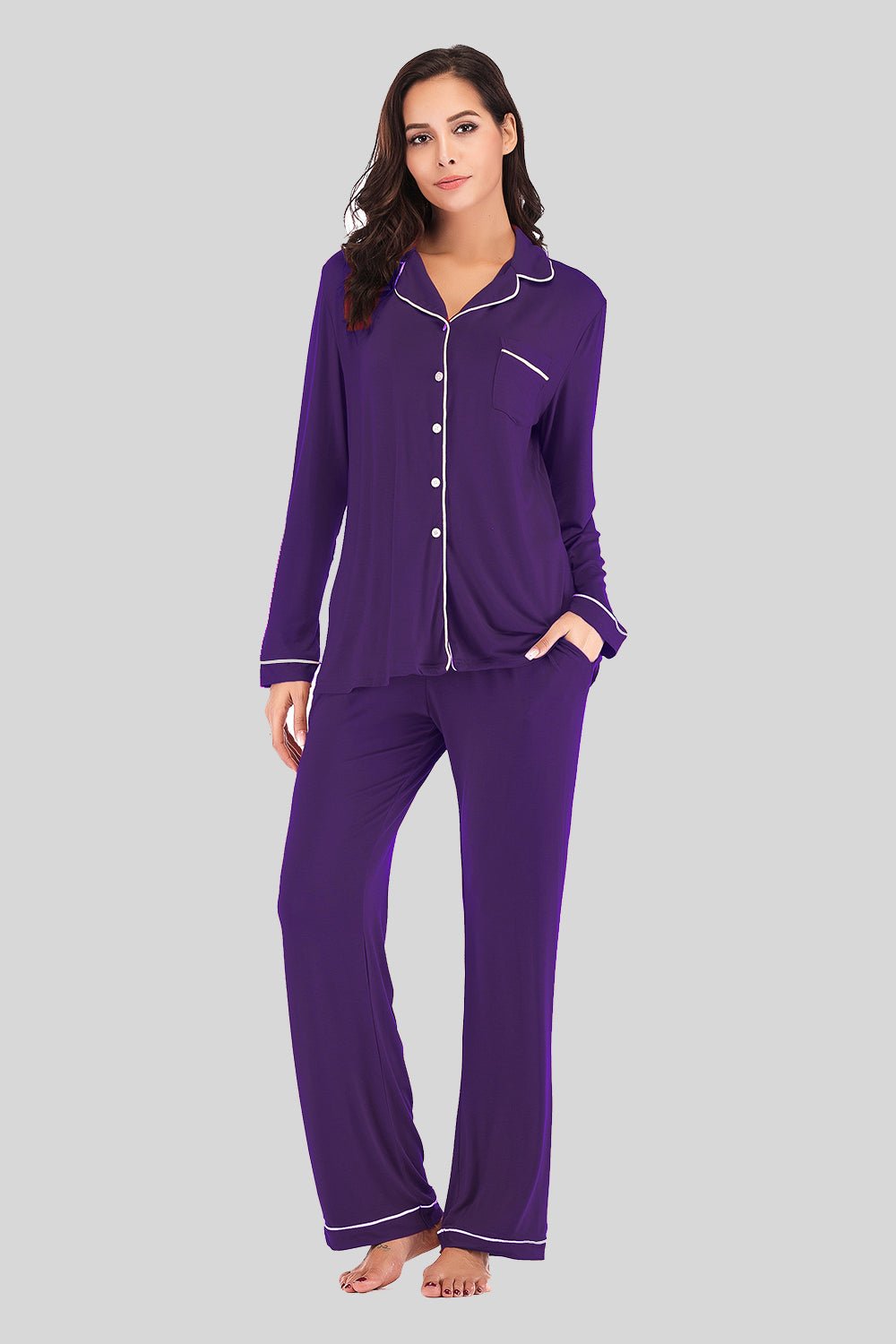 Collared Neck Long Sleeve Loungewear Set with Pockets - Loulou Boutique