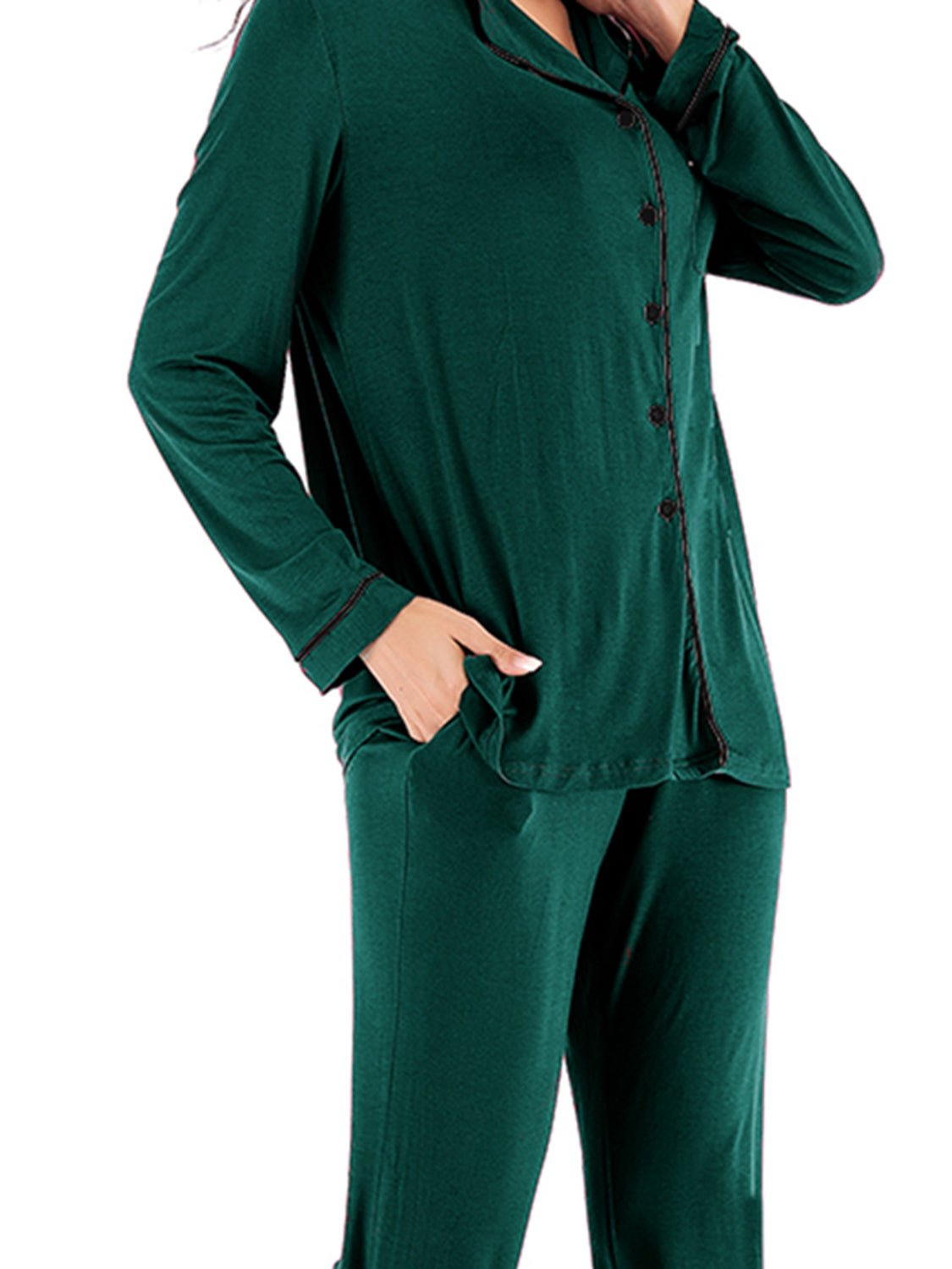 Collared Neck Long Sleeve Loungewear Set with Pockets - Loulou Boutique