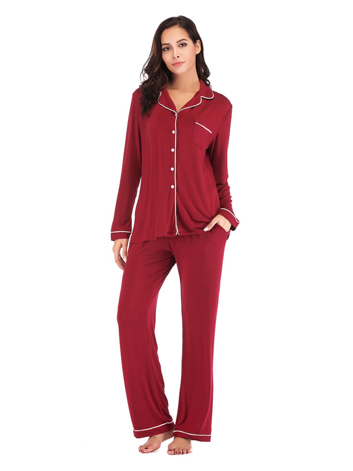 Collared Neck Long Sleeve Loungewear Set with Pockets - Loulou Boutique