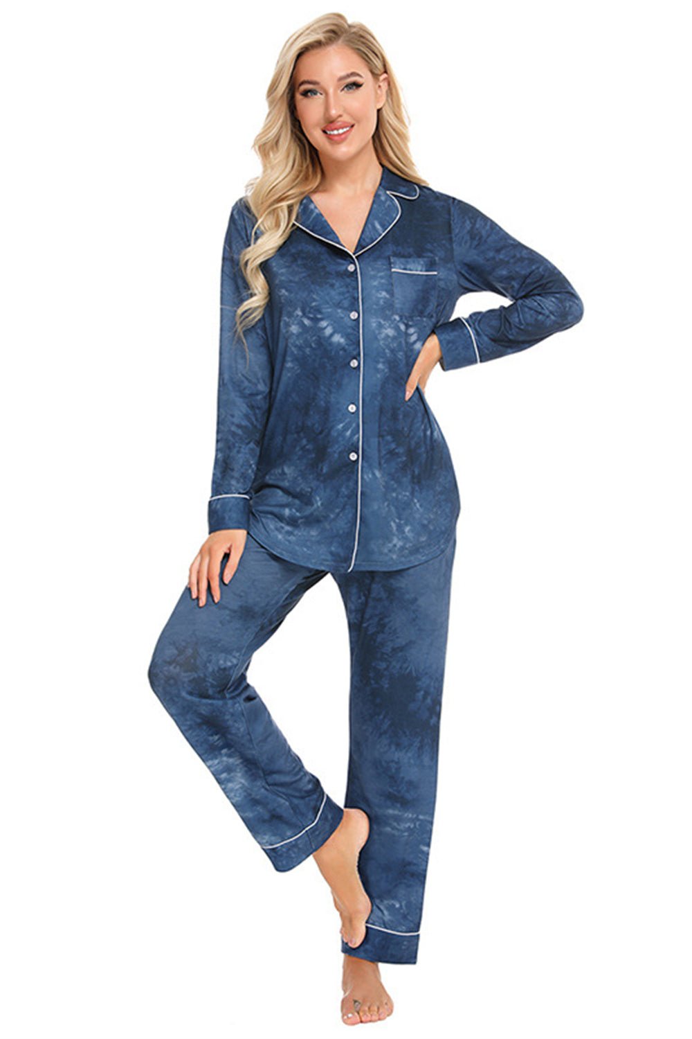 Collared Neck Long Sleeve Loungewear Set with Pockets - Loulou Boutique