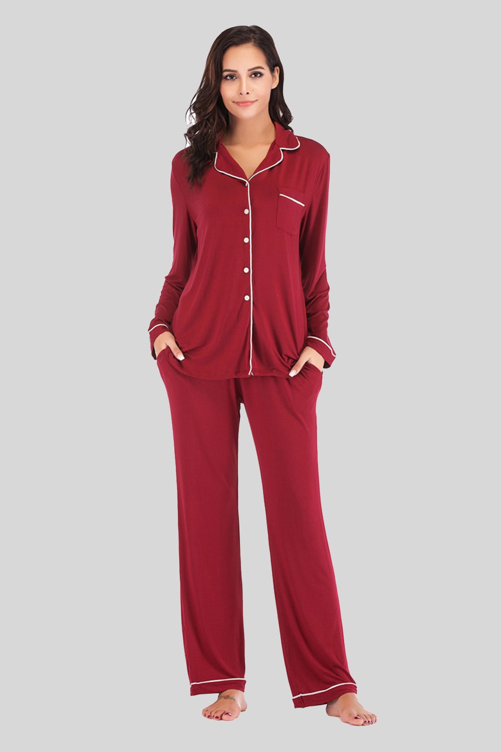 Collared Neck Long Sleeve Loungewear Set with Pockets - Loulou Boutique