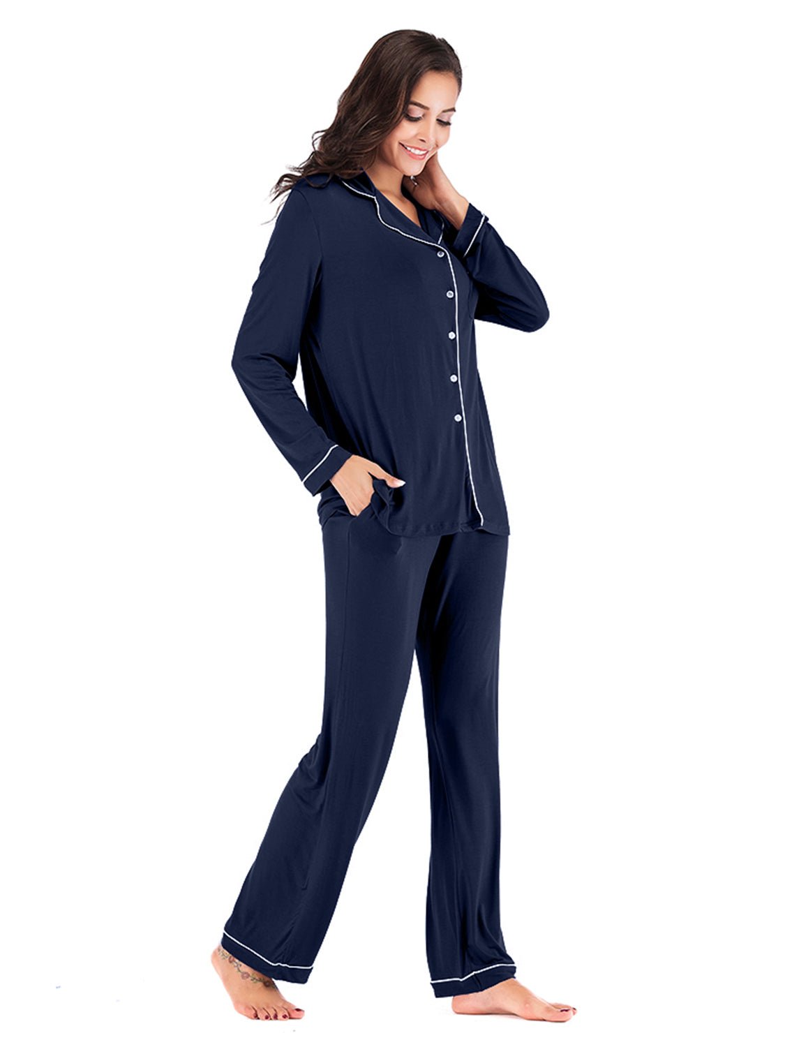 Collared Neck Long Sleeve Loungewear Set with Pockets - Loulou Boutique