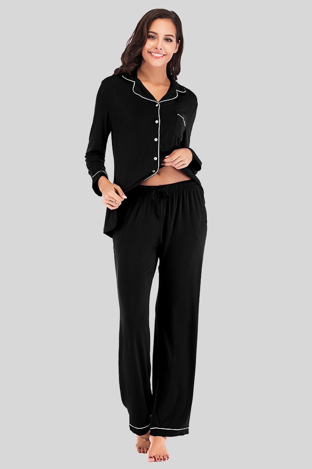 Collared Neck Long Sleeve Loungewear Set with Pockets - Loulou Boutique