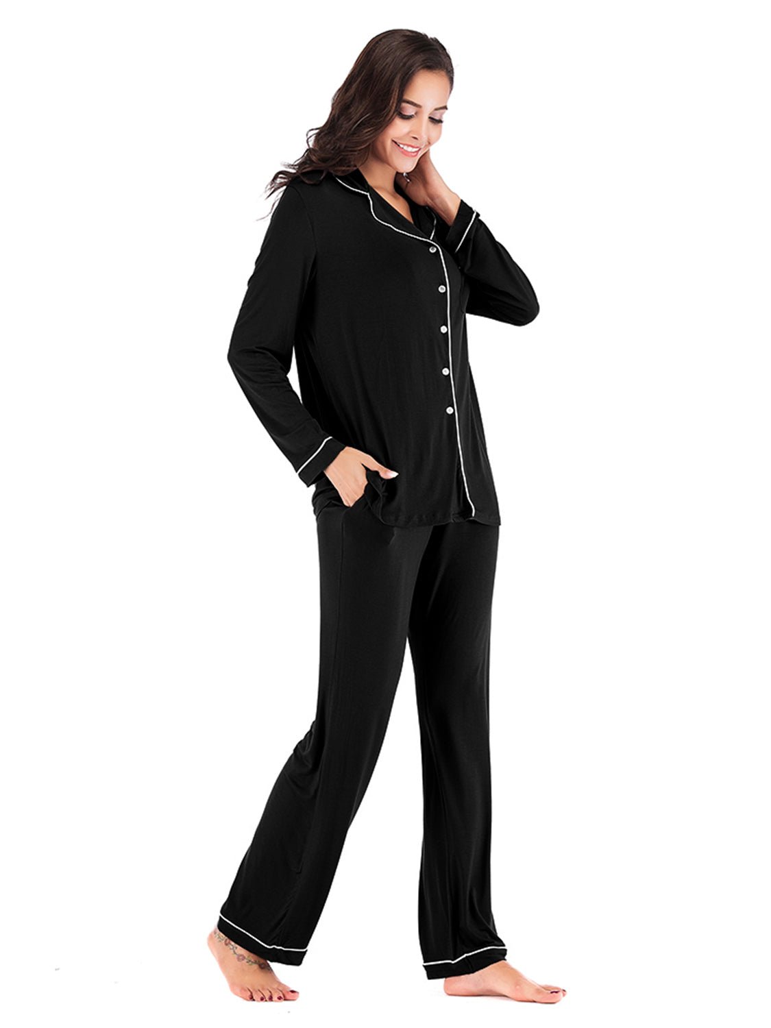 Collared Neck Long Sleeve Loungewear Set with Pockets - Loulou Boutique