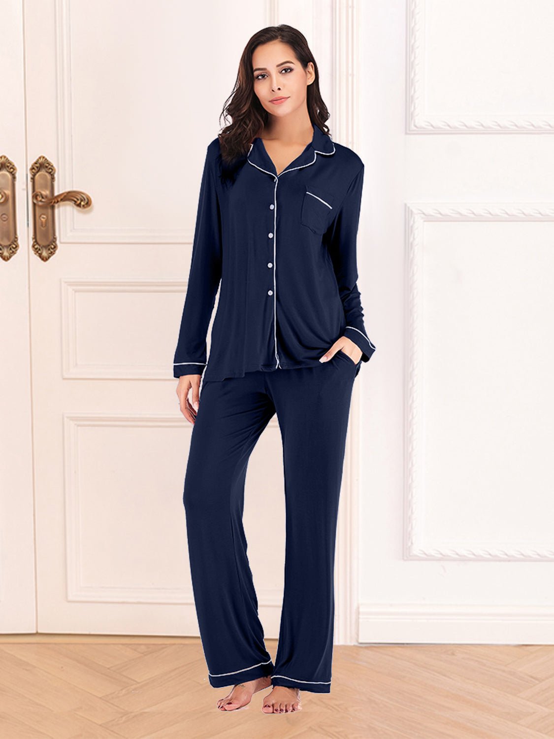 Collared Neck Long Sleeve Loungewear Set with Pockets - Loulou Boutique