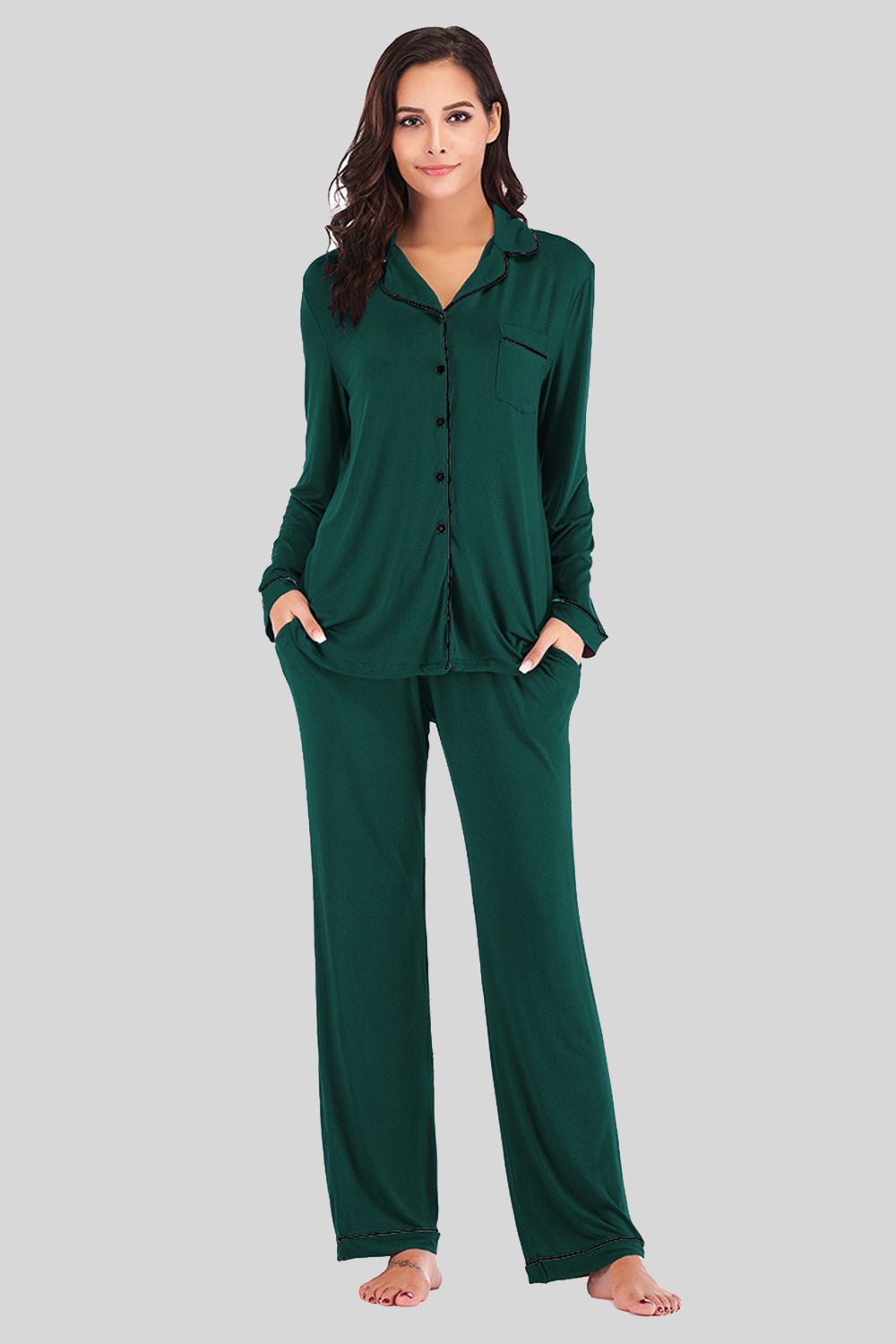 Collared Neck Long Sleeve Loungewear Set with Pockets - Loulou Boutique