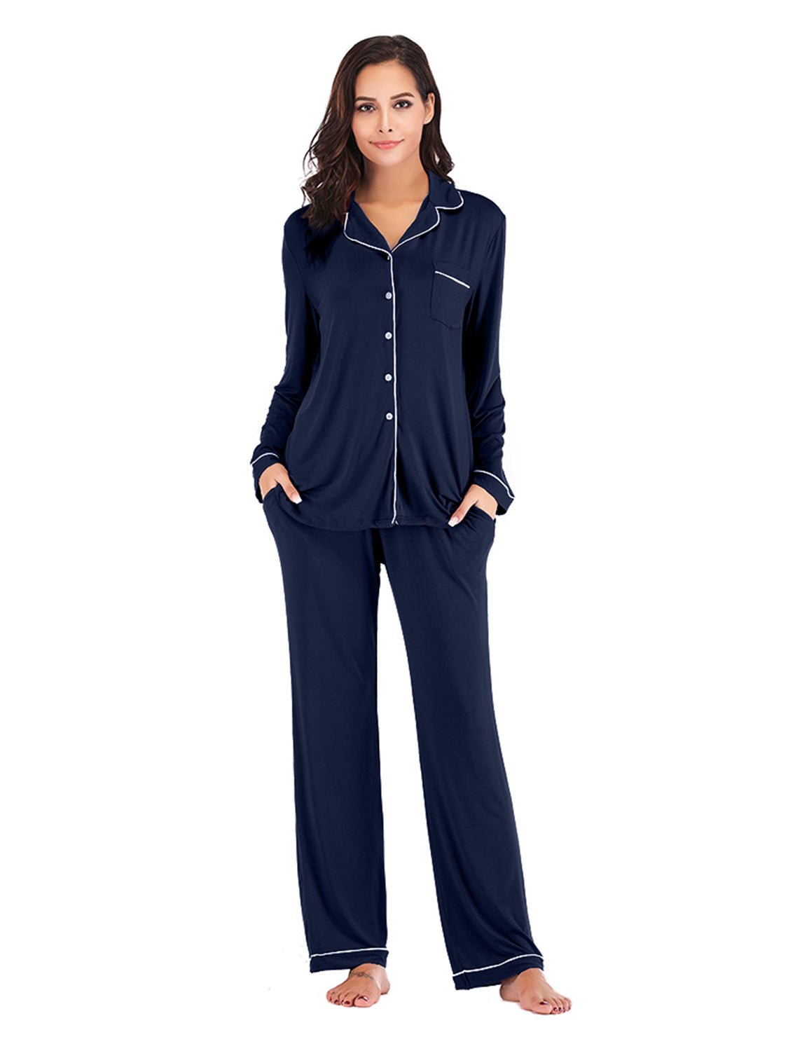 Collared Neck Long Sleeve Loungewear Set with Pockets - Loulou Boutique