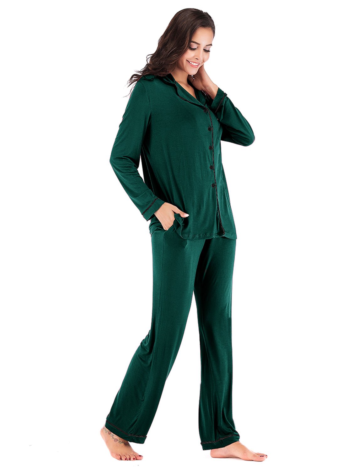 Collared Neck Long Sleeve Loungewear Set with Pockets - Loulou Boutique