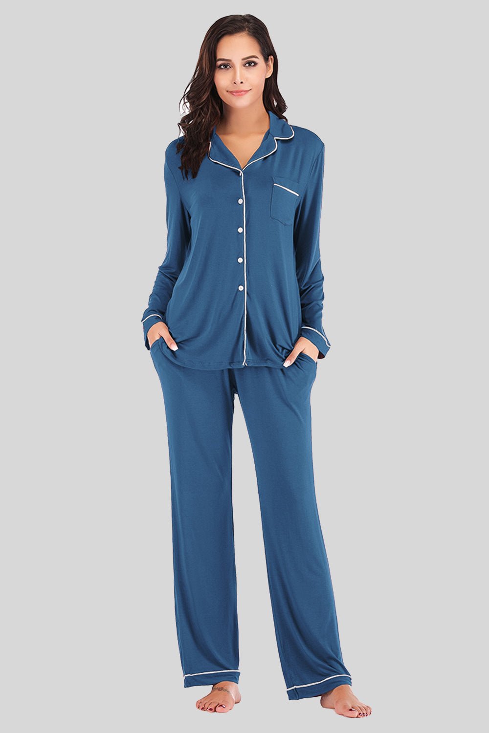 Collared Neck Long Sleeve Loungewear Set with Pockets - Loulou Boutique