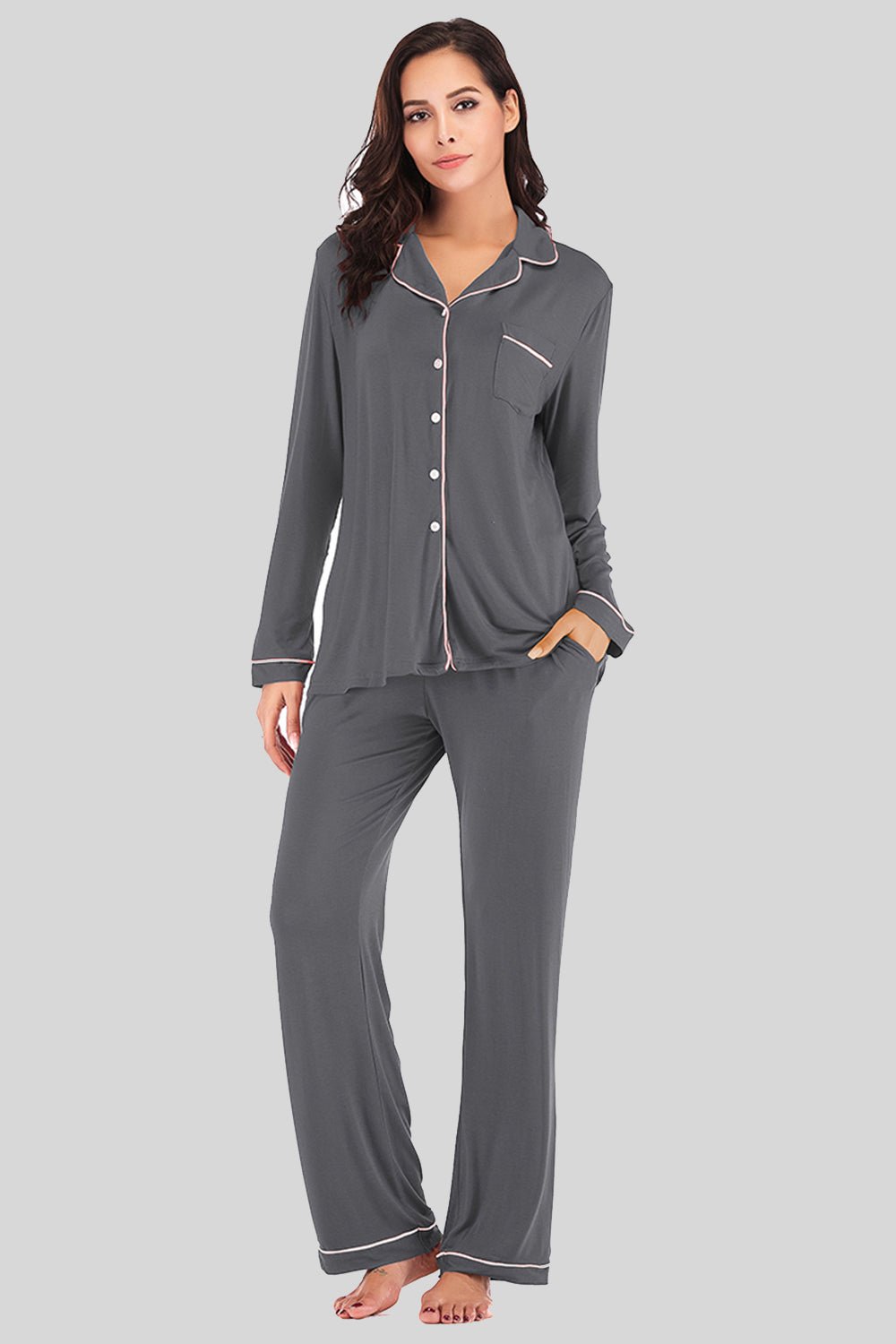 Collared Neck Long Sleeve Loungewear Set with Pockets - Loulou Boutique