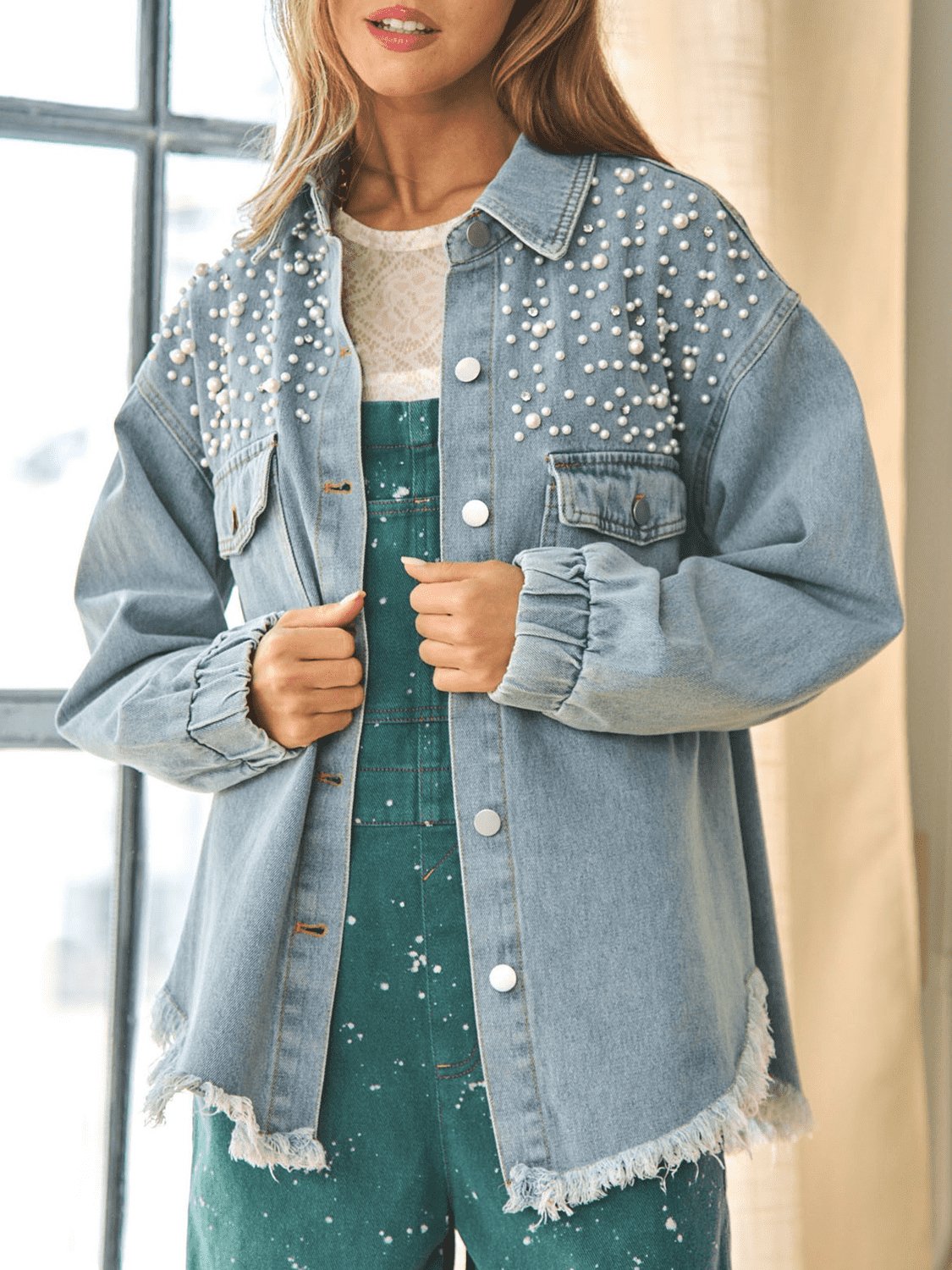 Collared Neck Raw Hem Dropped Shoulder Denim Jacket - Loulou Boutique