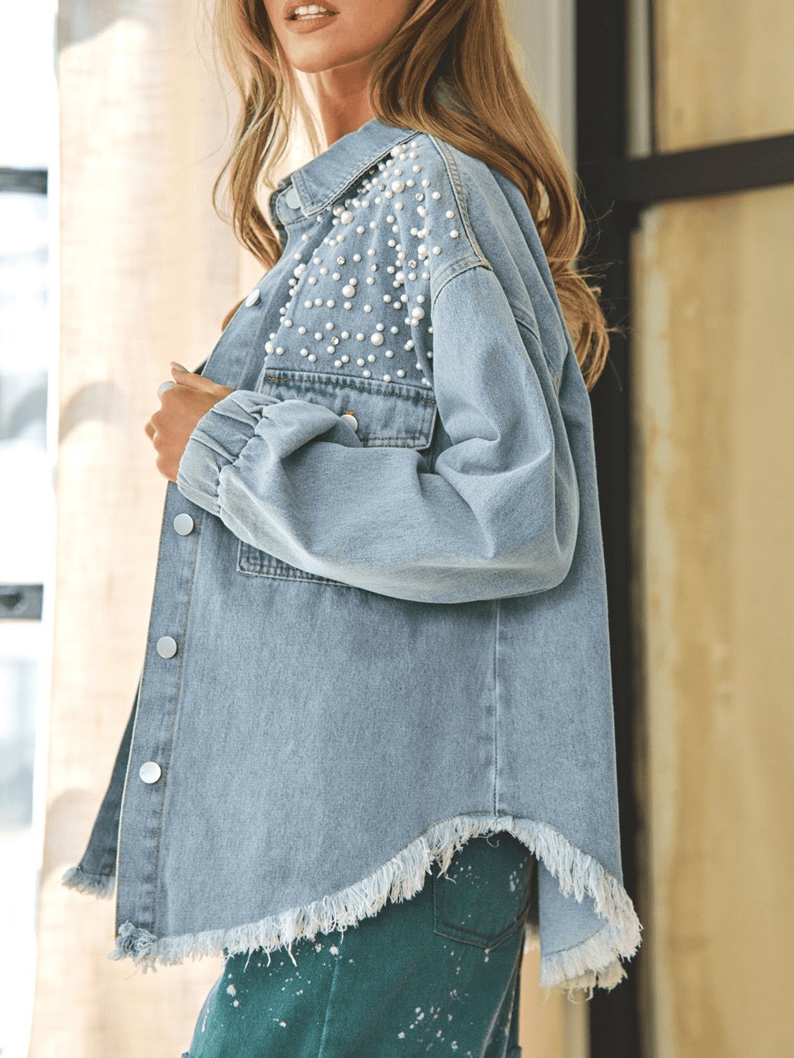 Collared Neck Raw Hem Dropped Shoulder Denim Jacket - Loulou Boutique