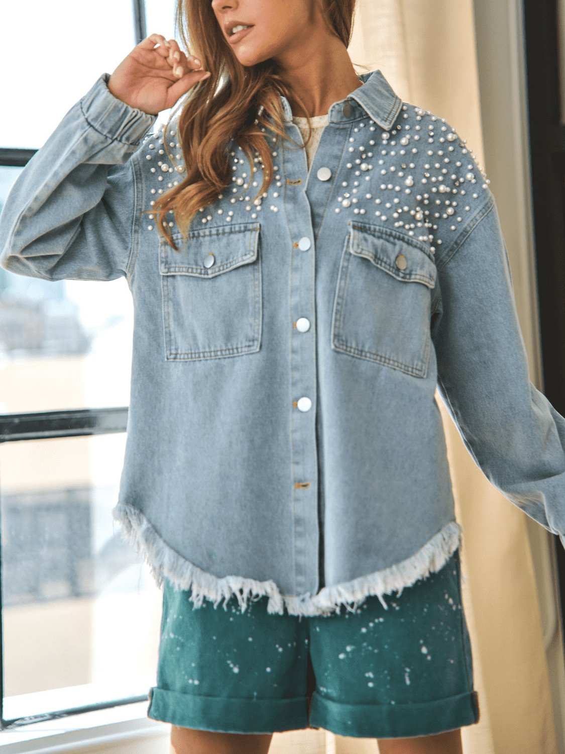 Collared Neck Raw Hem Dropped Shoulder Denim Jacket - Loulou Boutique