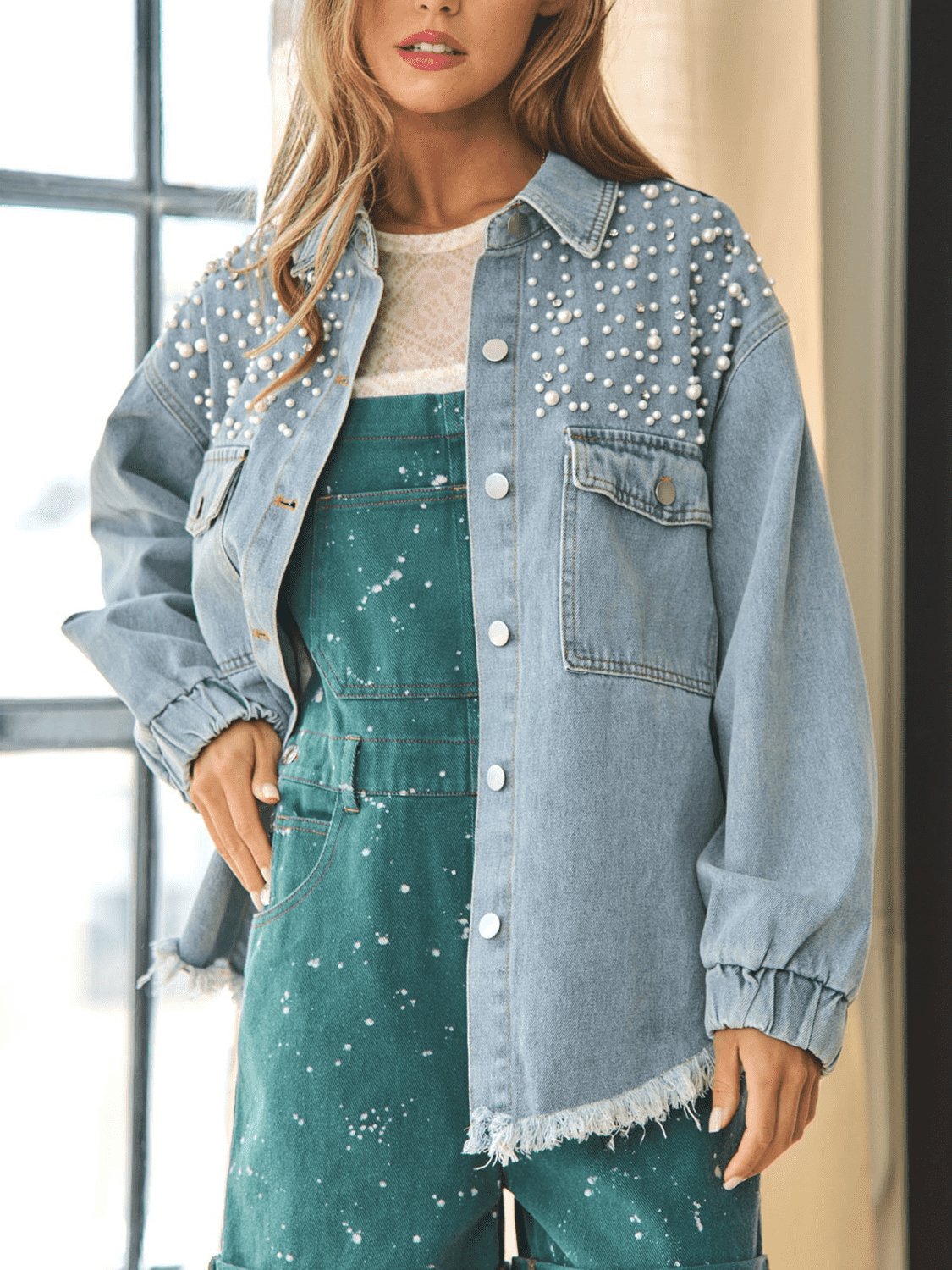 Collared Neck Raw Hem Dropped Shoulder Denim Jacket - Loulou Boutique