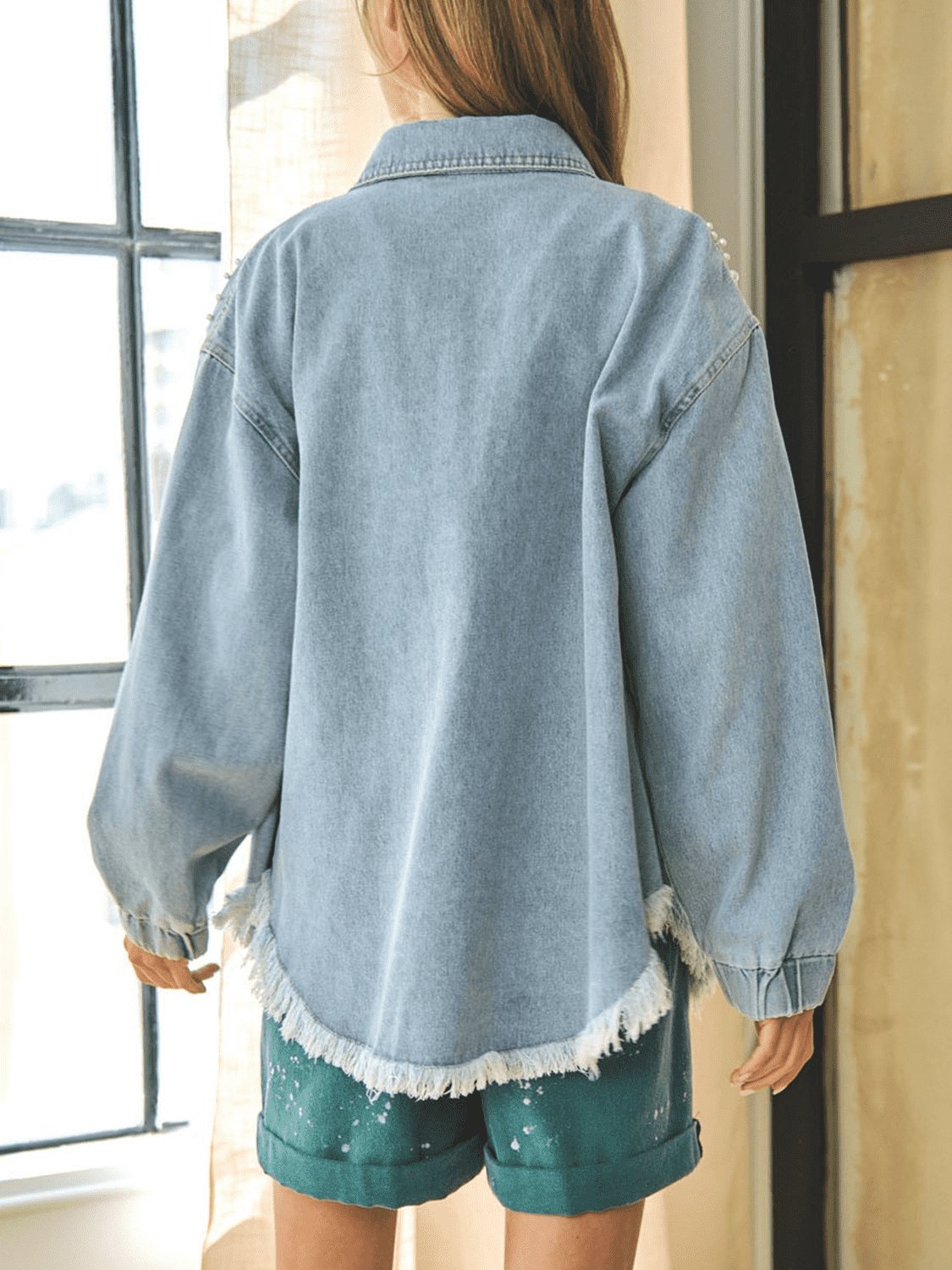 Collared Neck Raw Hem Dropped Shoulder Denim Jacket - Loulou Boutique