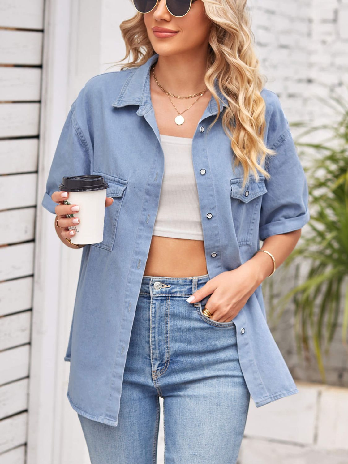 Collared Neck Short Sleeve Denim Jacket - Loulou Boutique