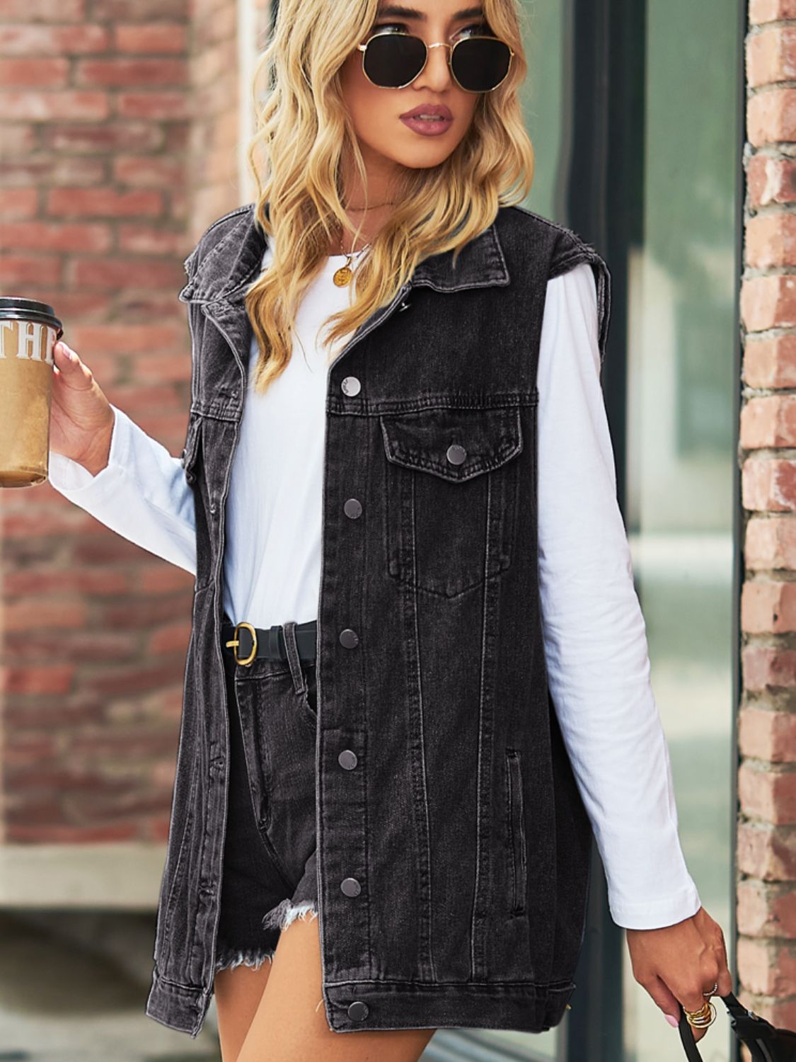 Collared Neck Sleeveless Denim Top with Pockets - Loulou Boutique