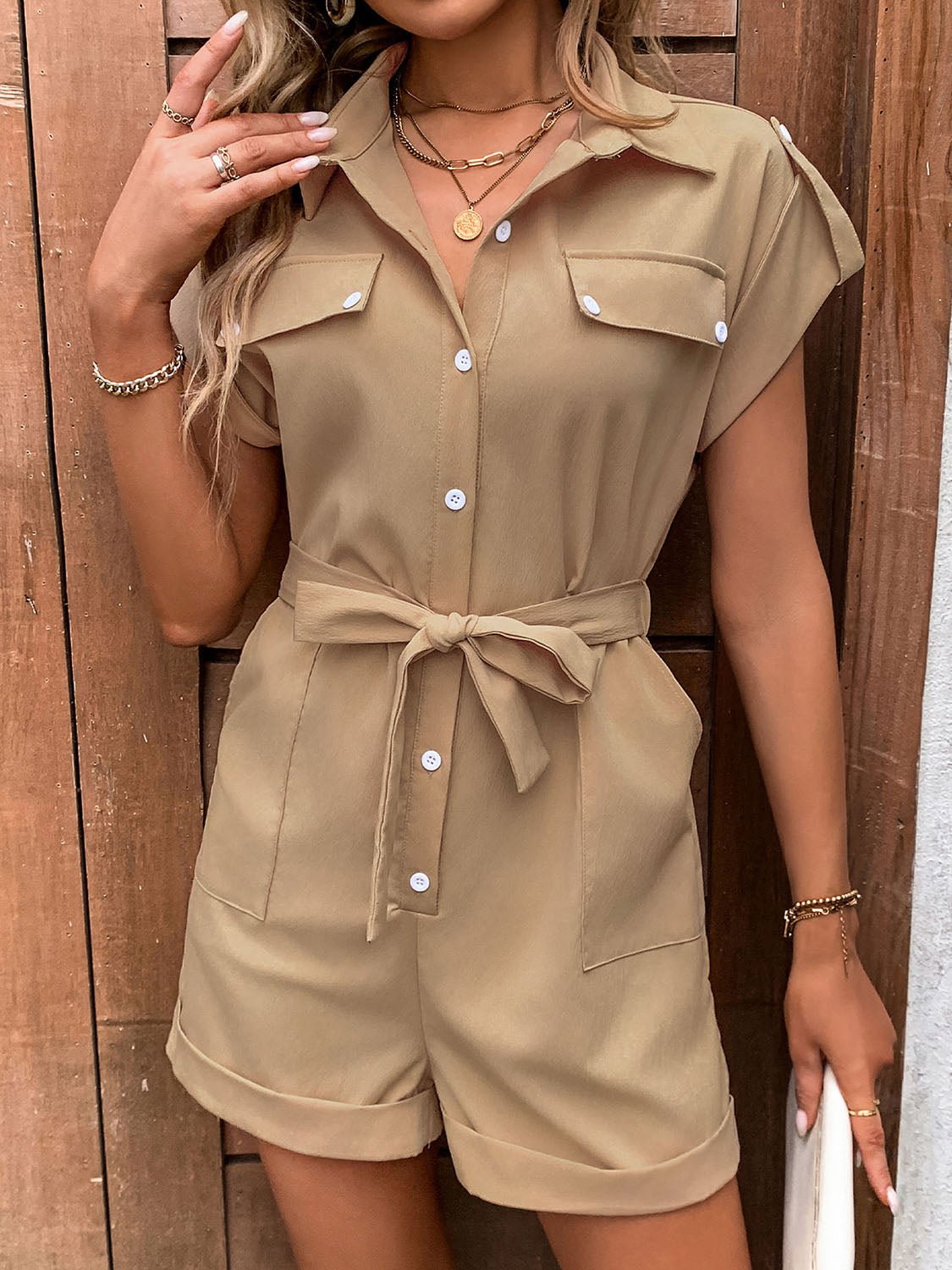 Collared Neck Tie Waist Romper with Pockets - Loulou Boutique