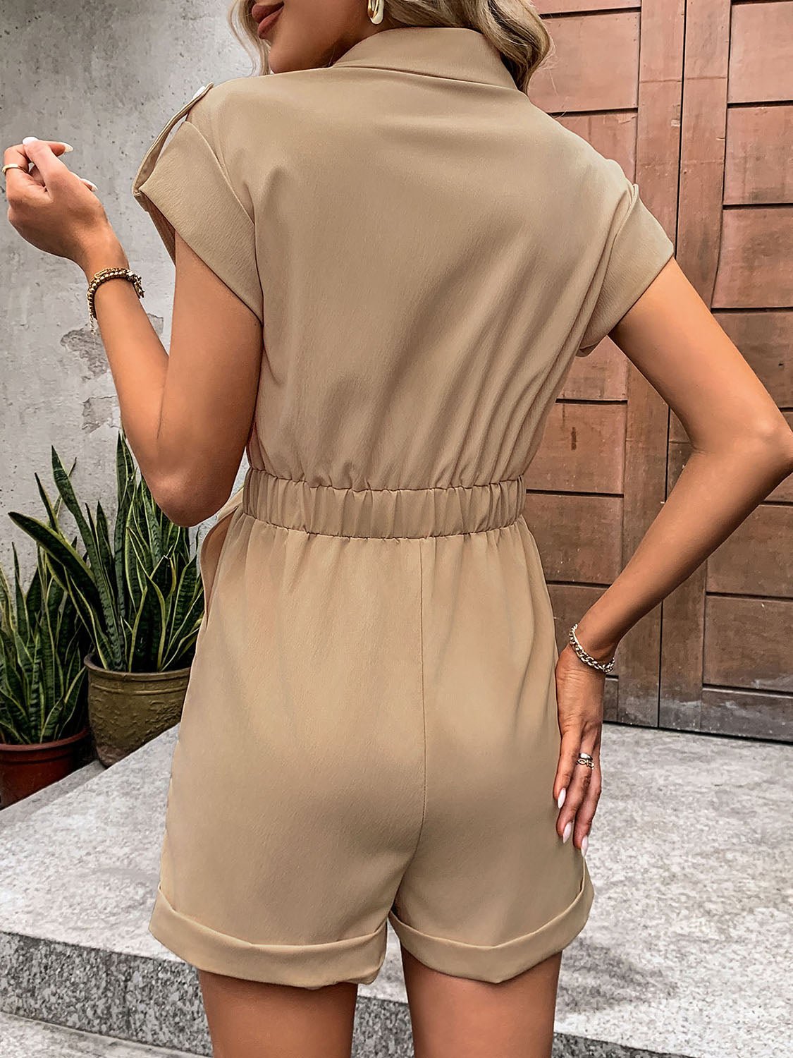 Collared Neck Tie Waist Romper with Pockets - Loulou Boutique