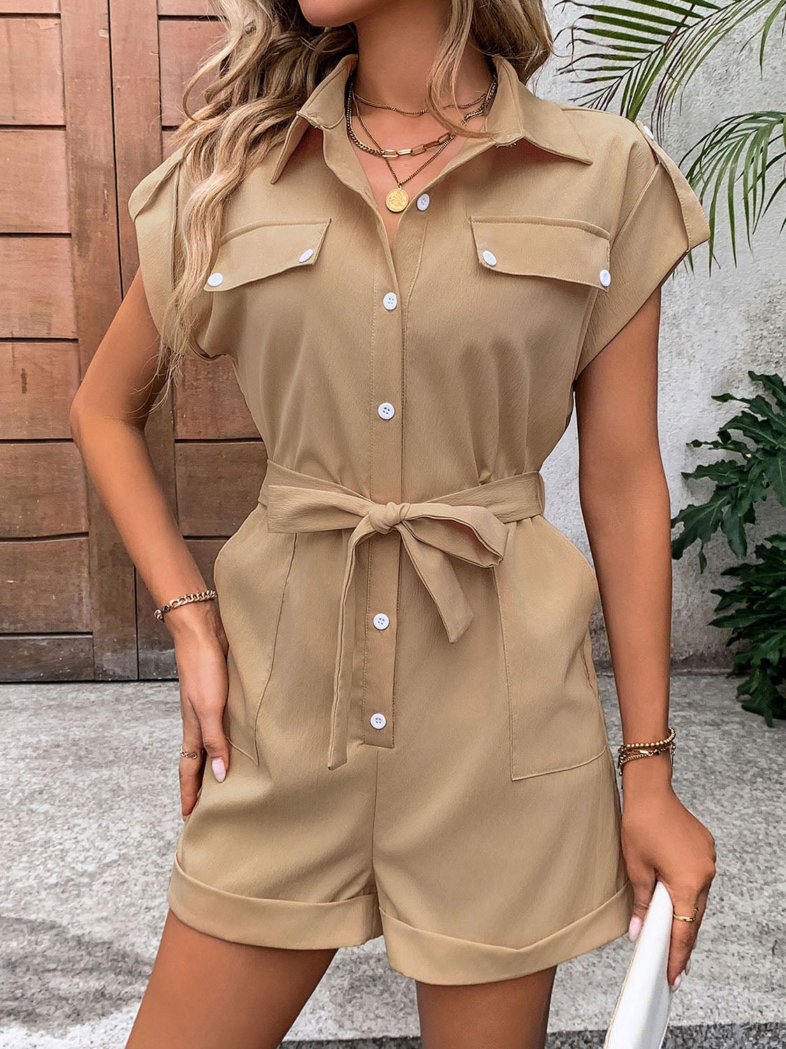 Collared Neck Tie Waist Romper with Pockets - Loulou Boutique