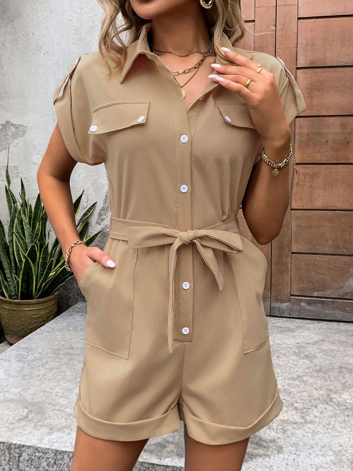 Collared Neck Tie Waist Romper with Pockets - Loulou Boutique