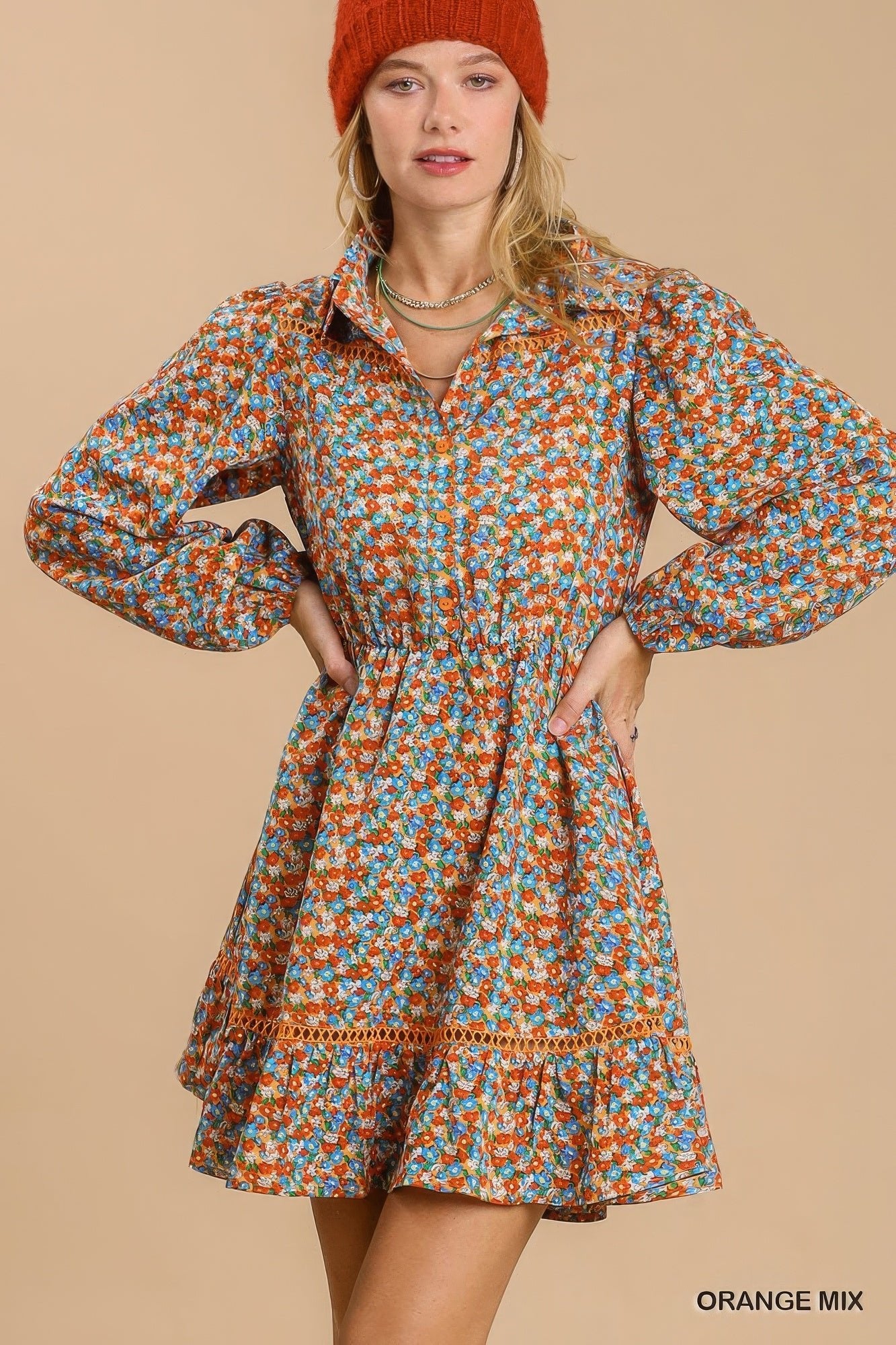 Collared neckline button down floral print dress with crochet trimmed details - Loulou Boutique