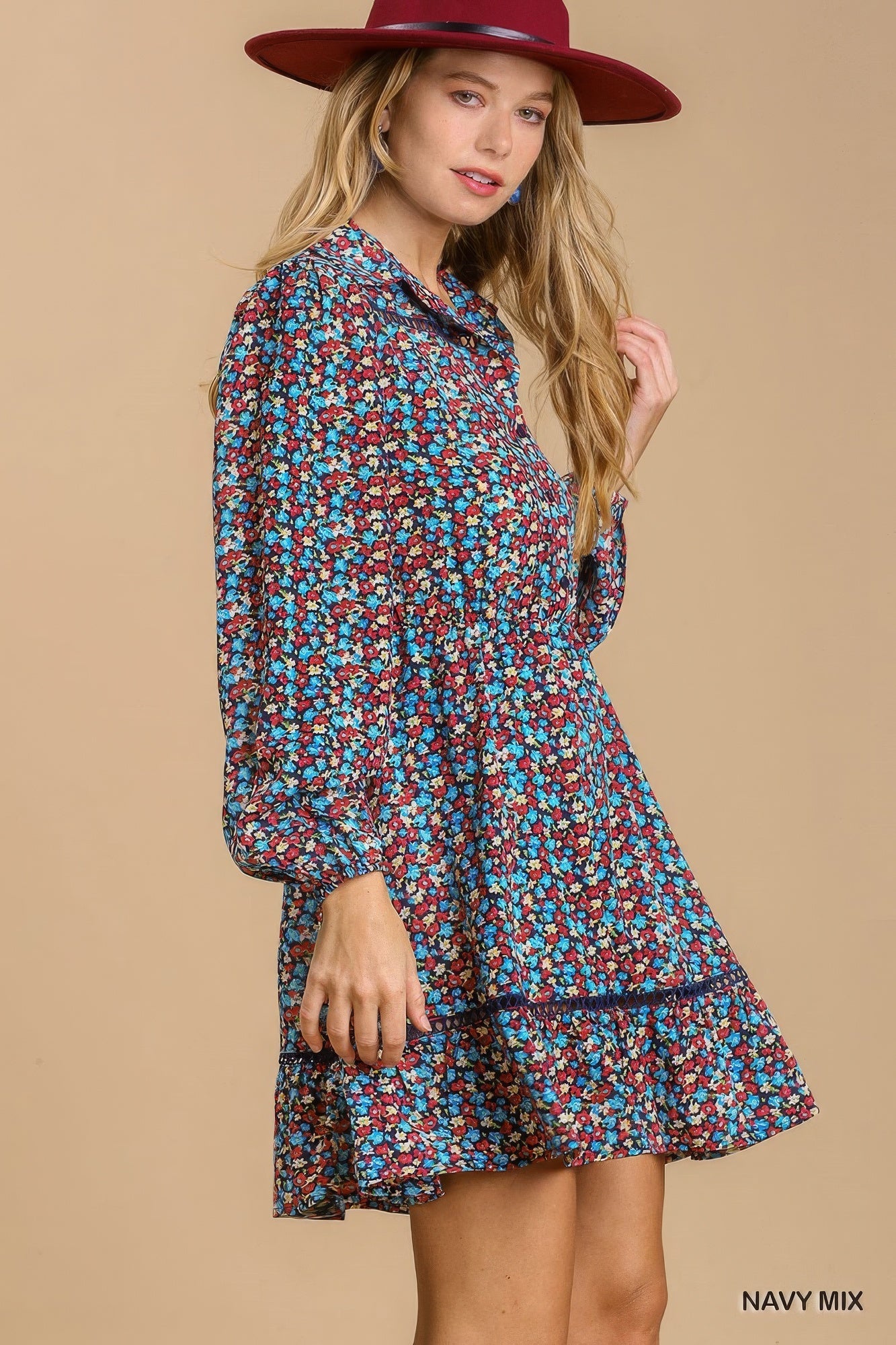 Collared neckline button down floral print dress with crochet trimmed details - Loulou Boutique