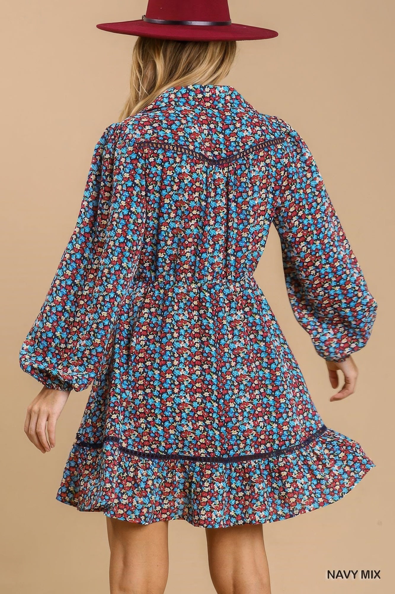 Collared neckline button down floral print dress with crochet trimmed details - Loulou Boutique