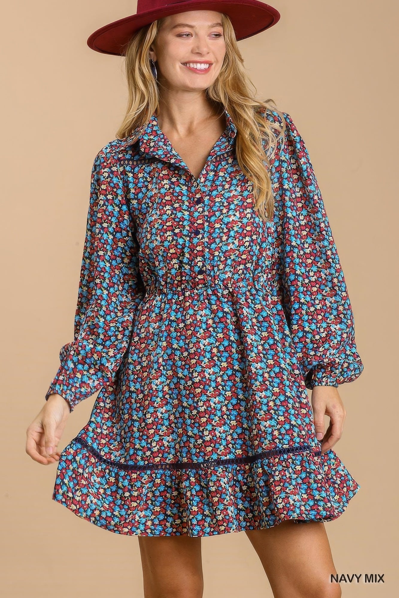 Collared neckline button down floral print dress with crochet trimmed details - Loulou Boutique