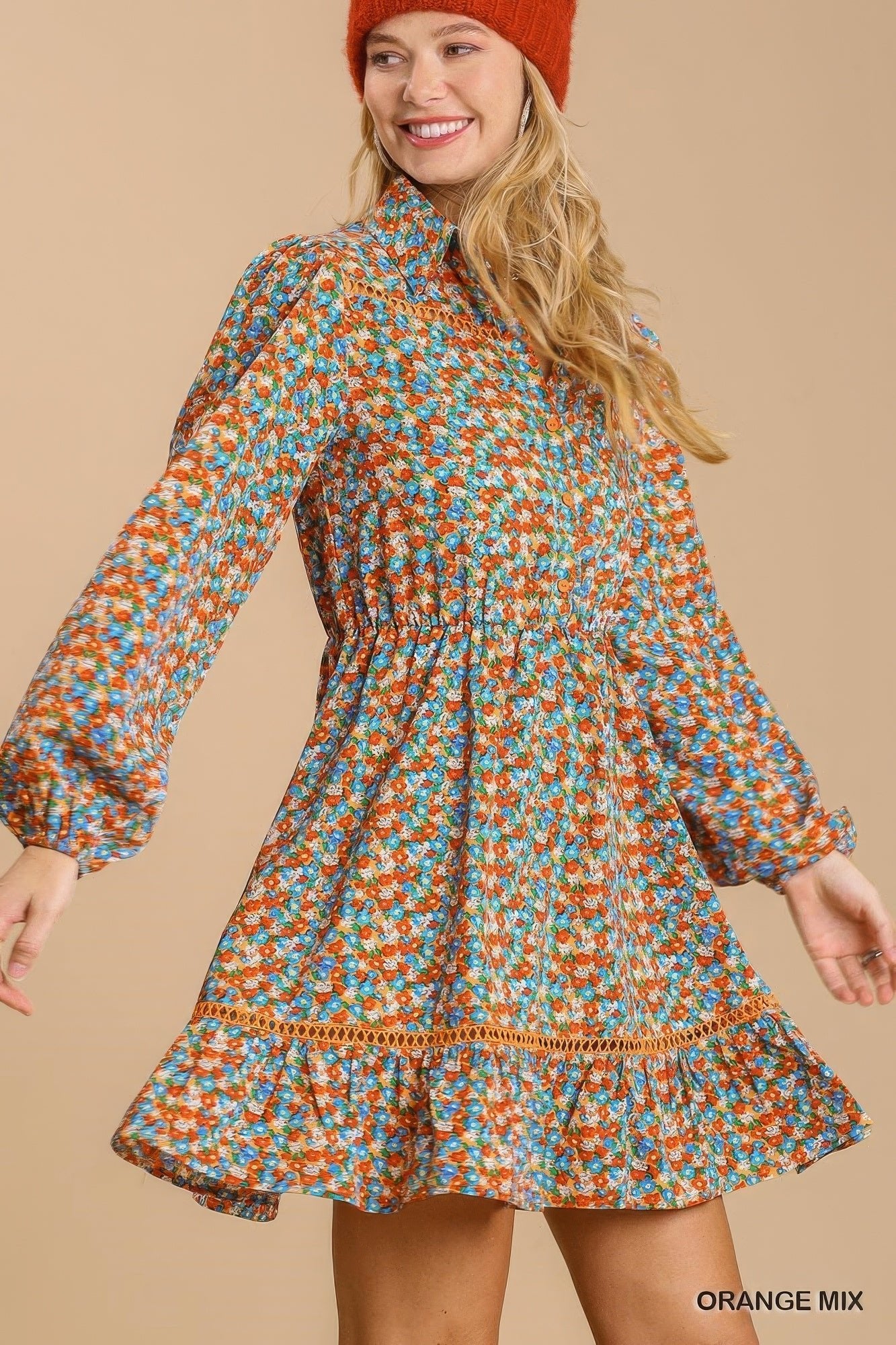 Collared neckline button down floral print dress with crochet trimmed details - Loulou Boutique