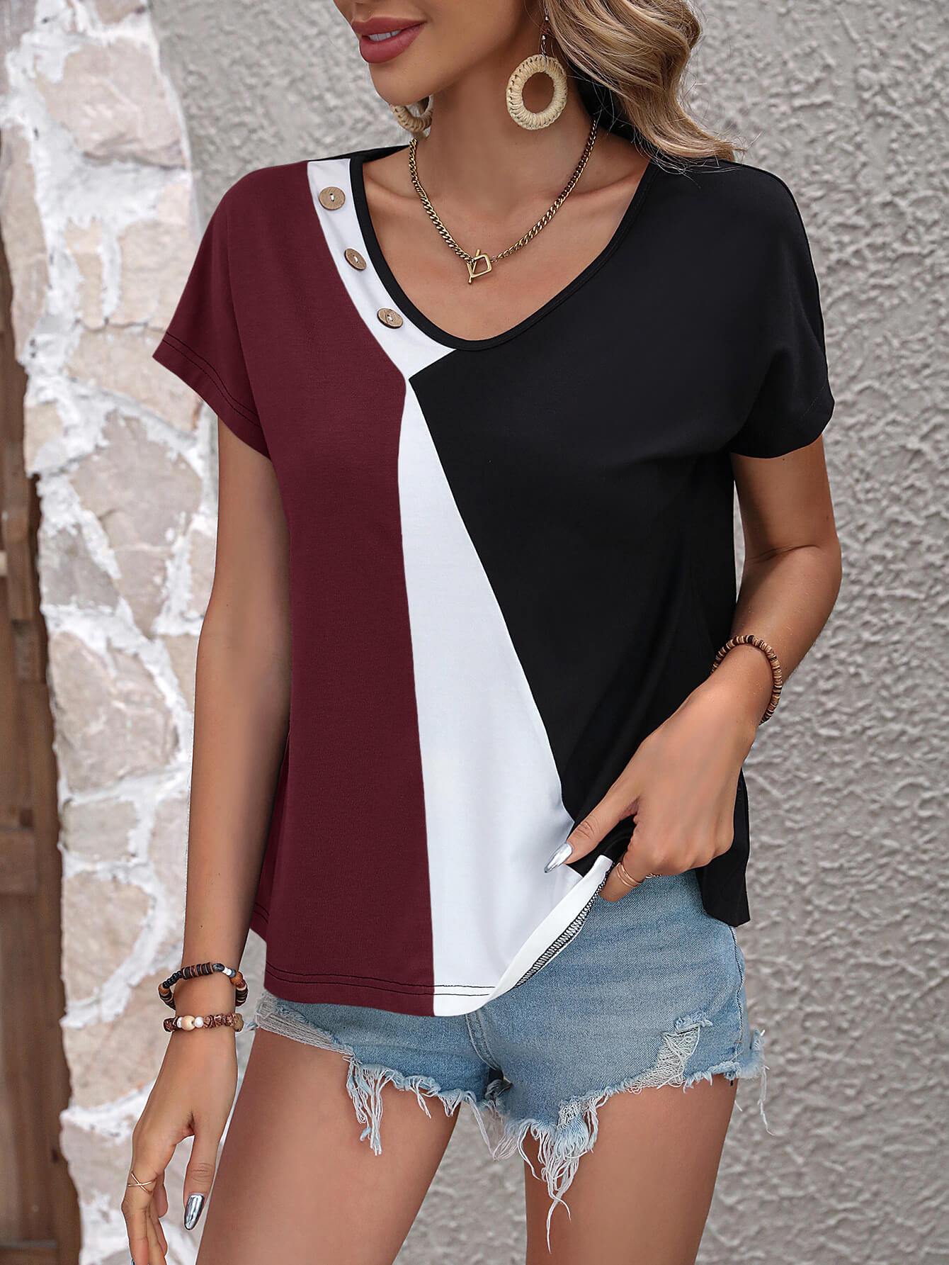 Color Block Decorative Button V - Neck Tee - Loulou Boutique