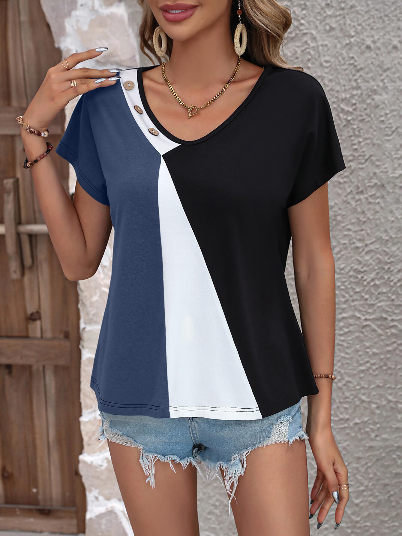 Color Block Decorative Button V - Neck Tee - Loulou Boutique