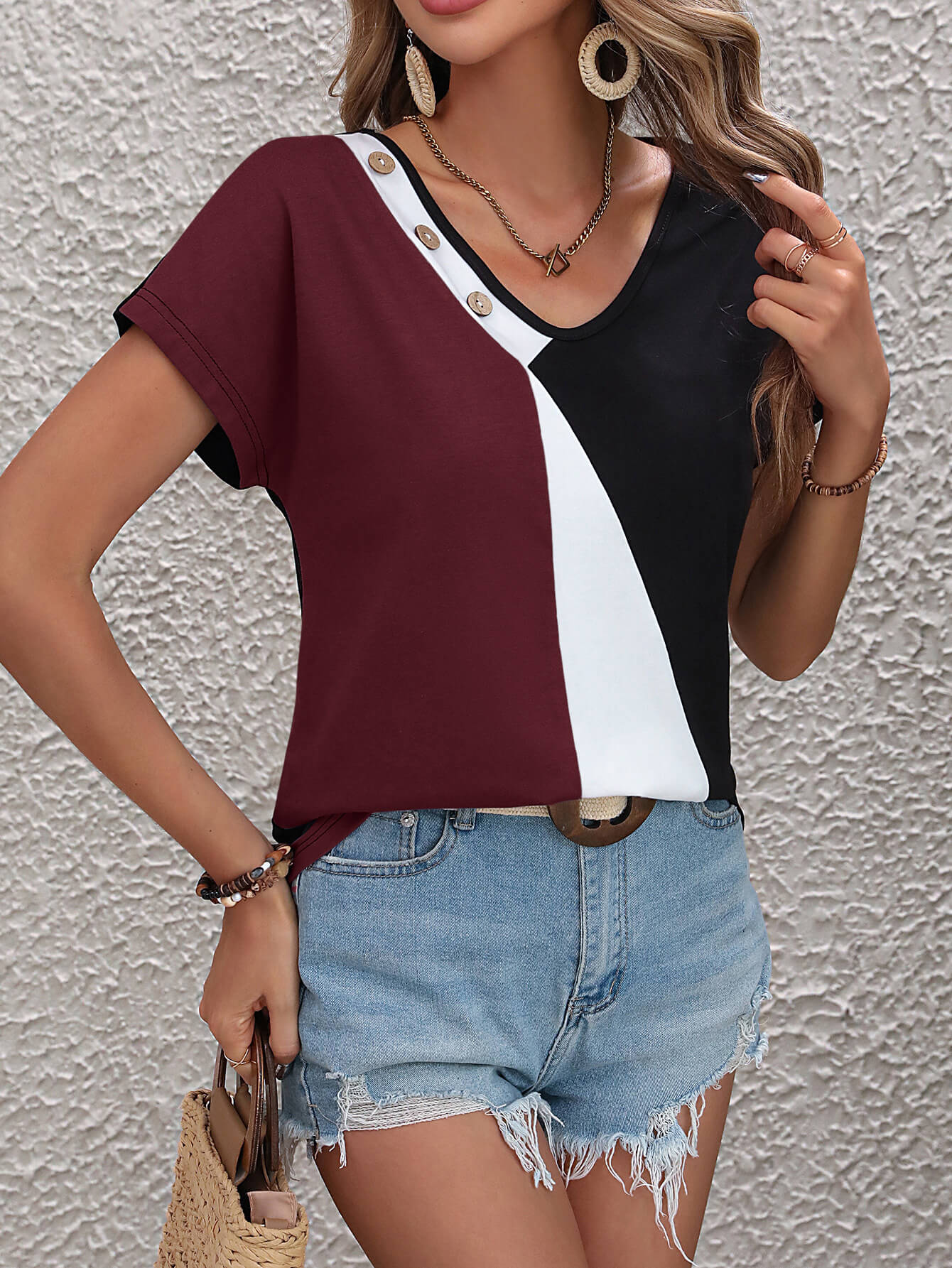 Color Block Decorative Button V - Neck Tee - Loulou Boutique