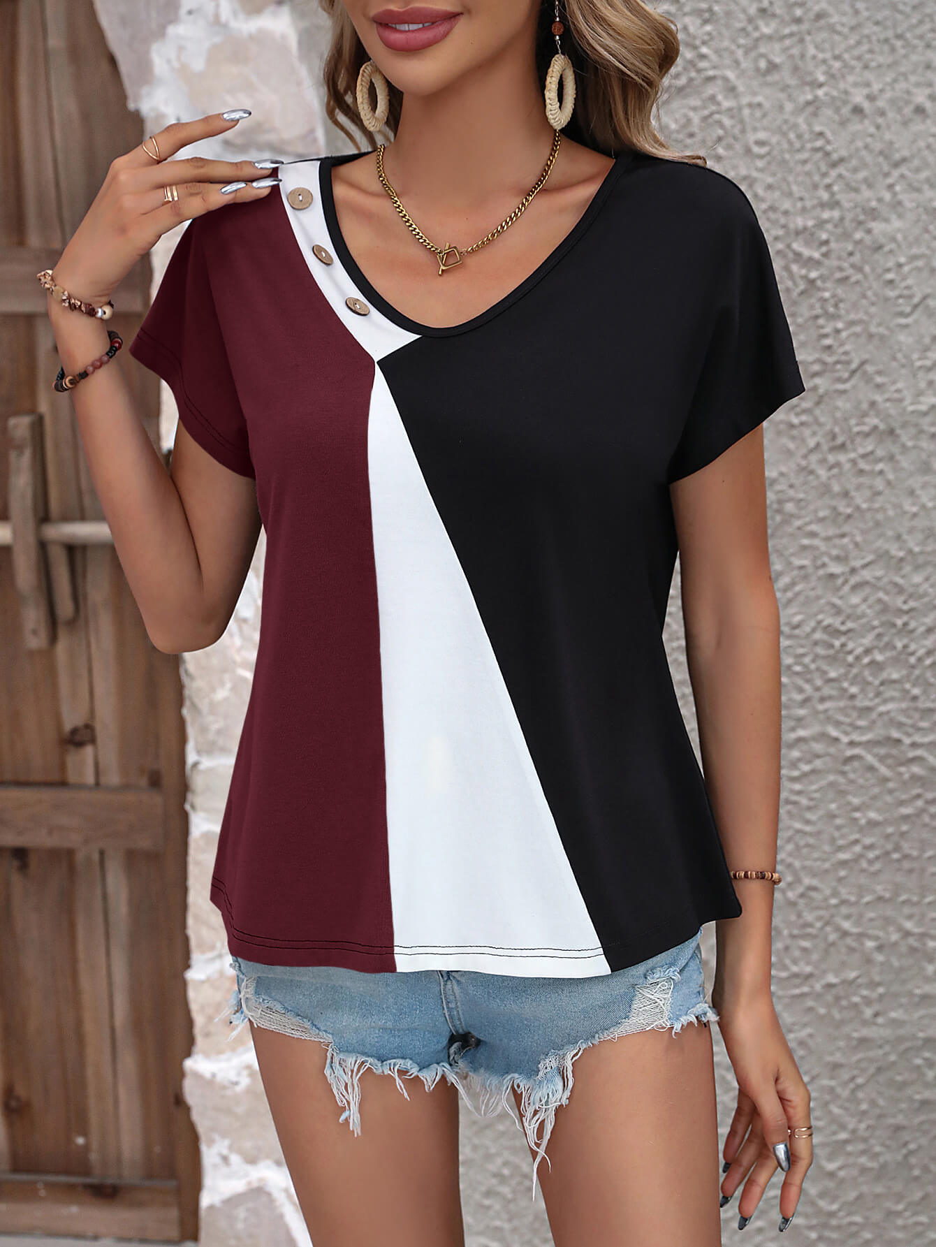 Color Block Decorative Button V - Neck Tee - Loulou Boutique