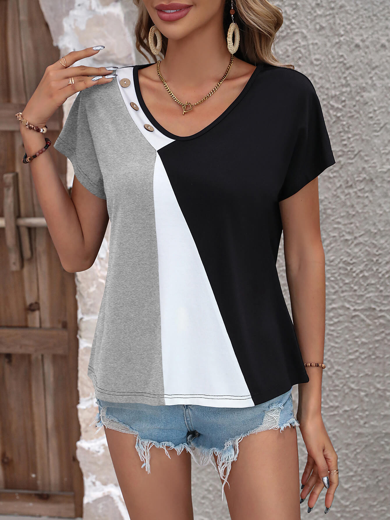 Color Block Decorative Button V - Neck Tee - Loulou Boutique