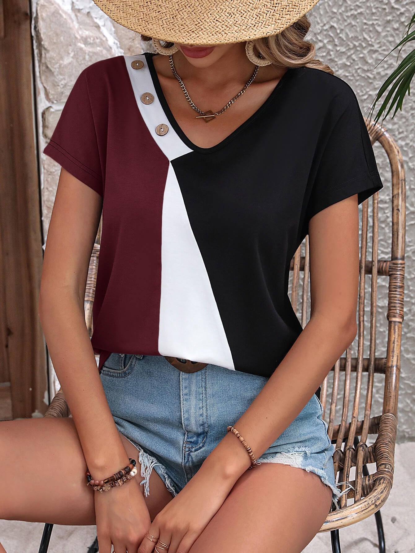 Color Block Decorative Button V - Neck Tee - Loulou Boutique