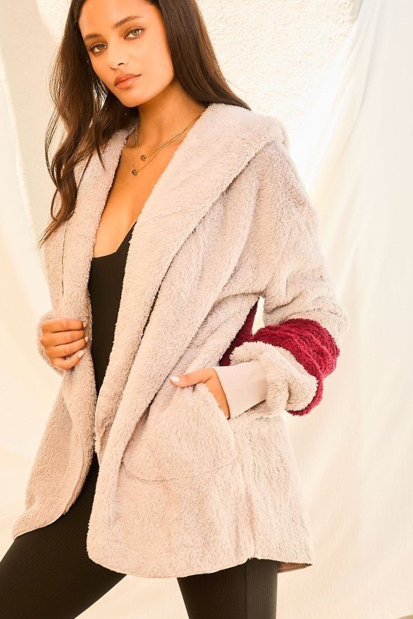 Color Block Long Sleeve Wool Hoodie Jacket With Pocket - Loulou Boutique