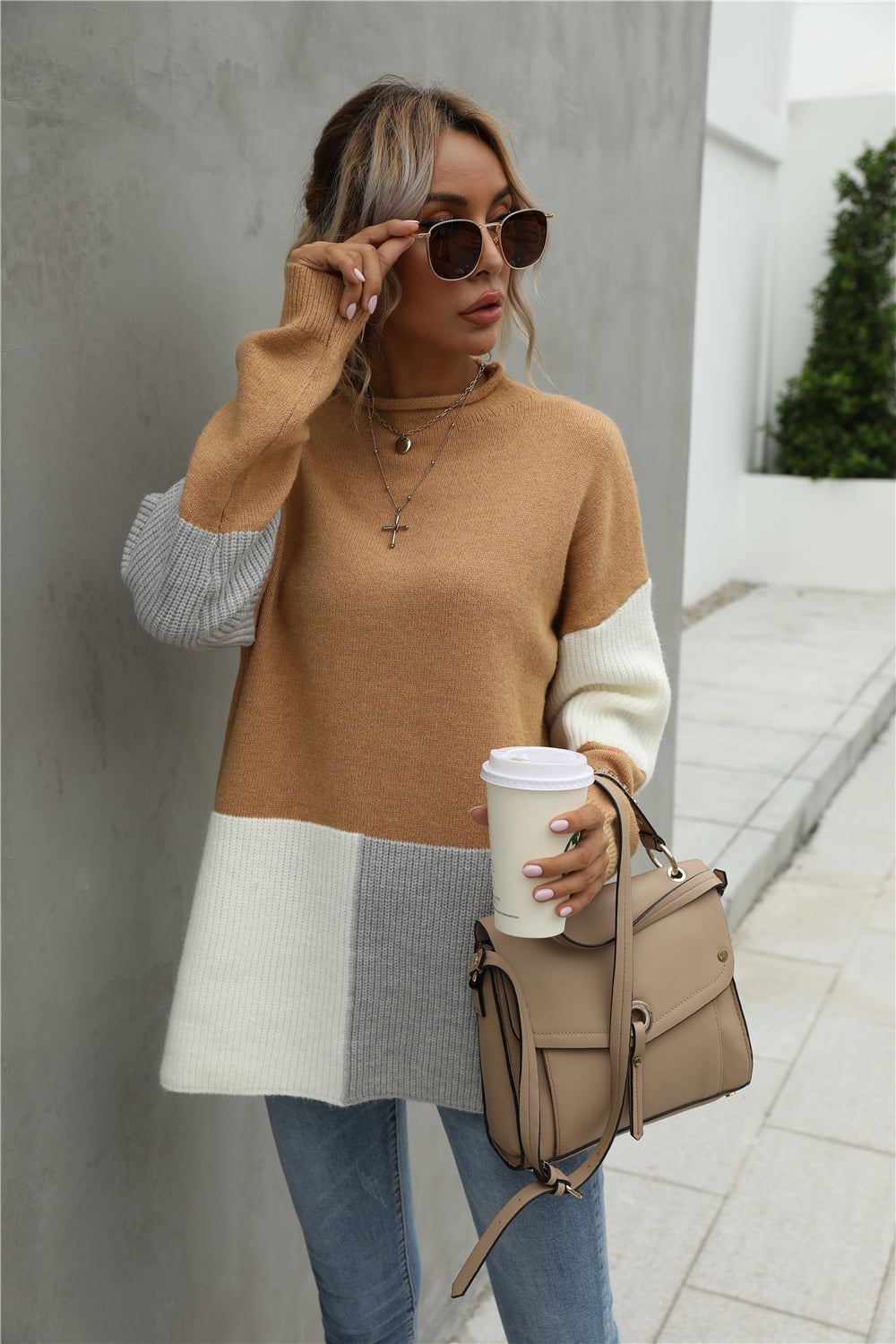 Color Block Round Neck Dropped Shoulder Sweater - Loulou Boutique