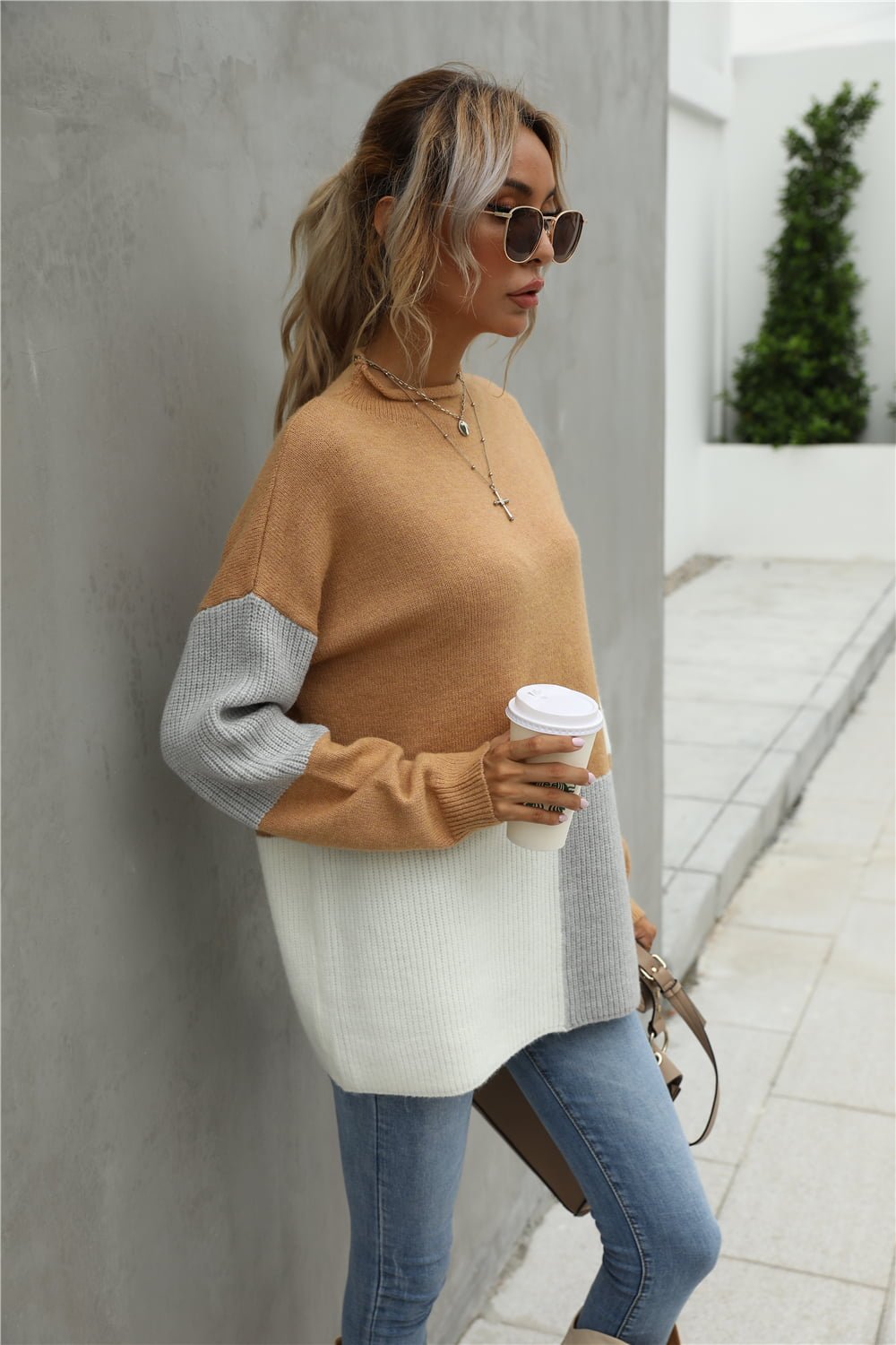 Color Block Round Neck Dropped Shoulder Sweater - Loulou Boutique