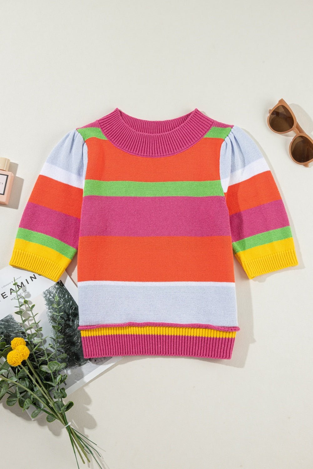 Color Block Round Neck Half Sleeve Knit Top - Loulou Boutique