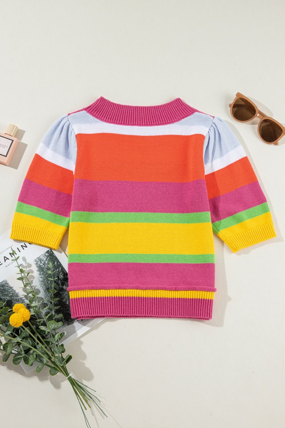 Color Block Round Neck Half Sleeve Knit Top - Loulou Boutique