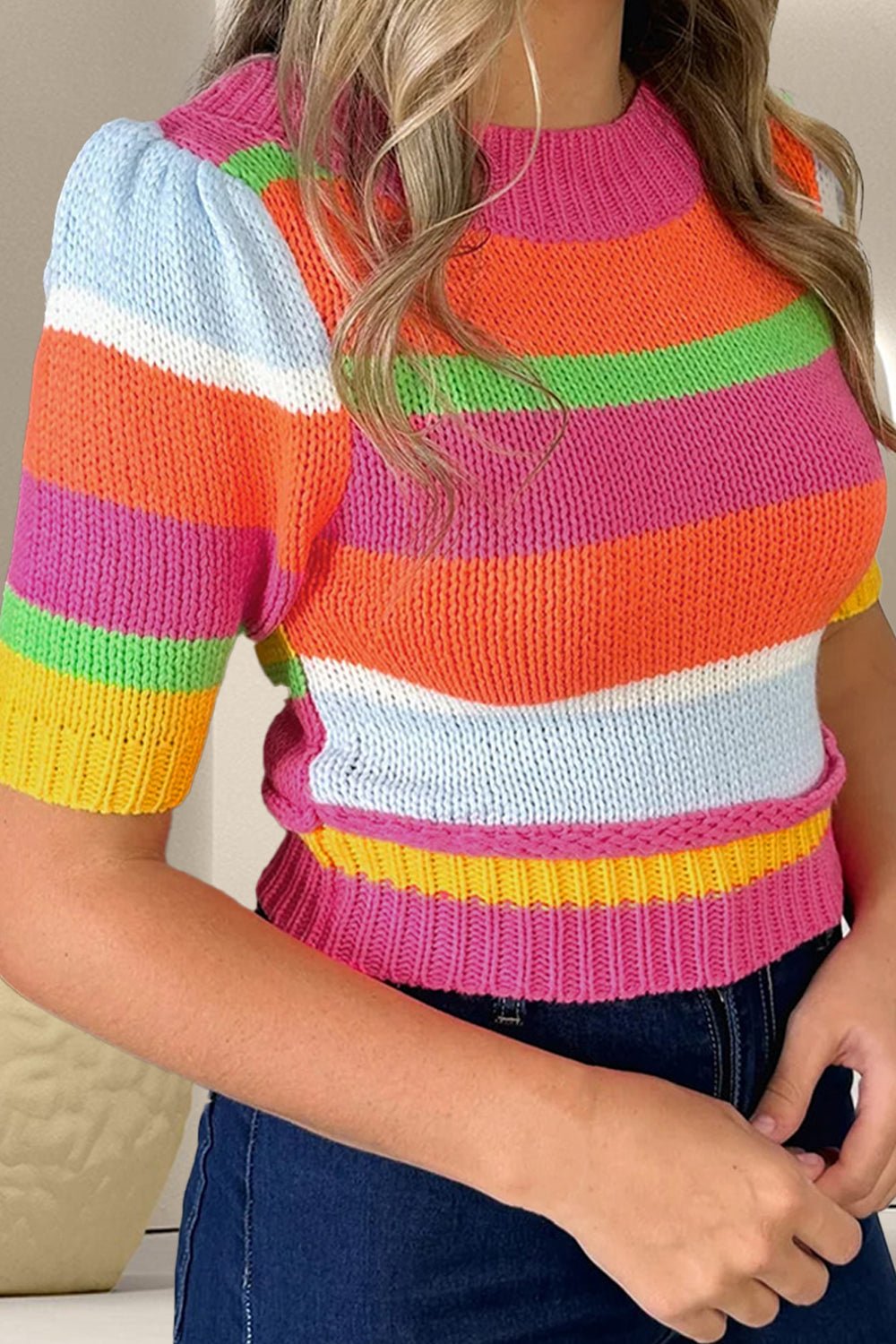 Color Block Round Neck Half Sleeve Knit Top - Loulou Boutique